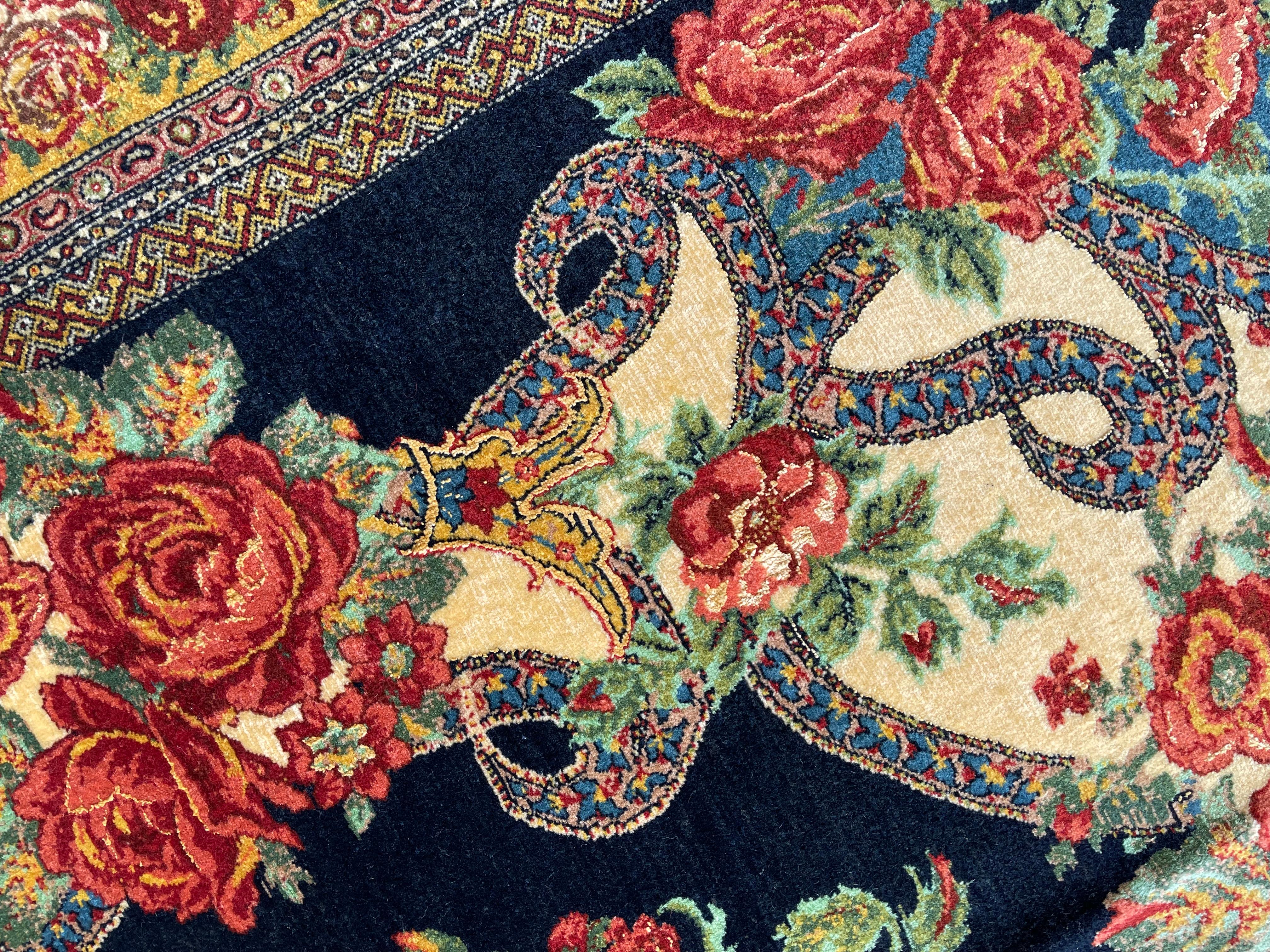 Paisley Navy Blue Rug, Silk & Wool Handmade Carpet Exclusive Livingroom Rug  For Sale 4