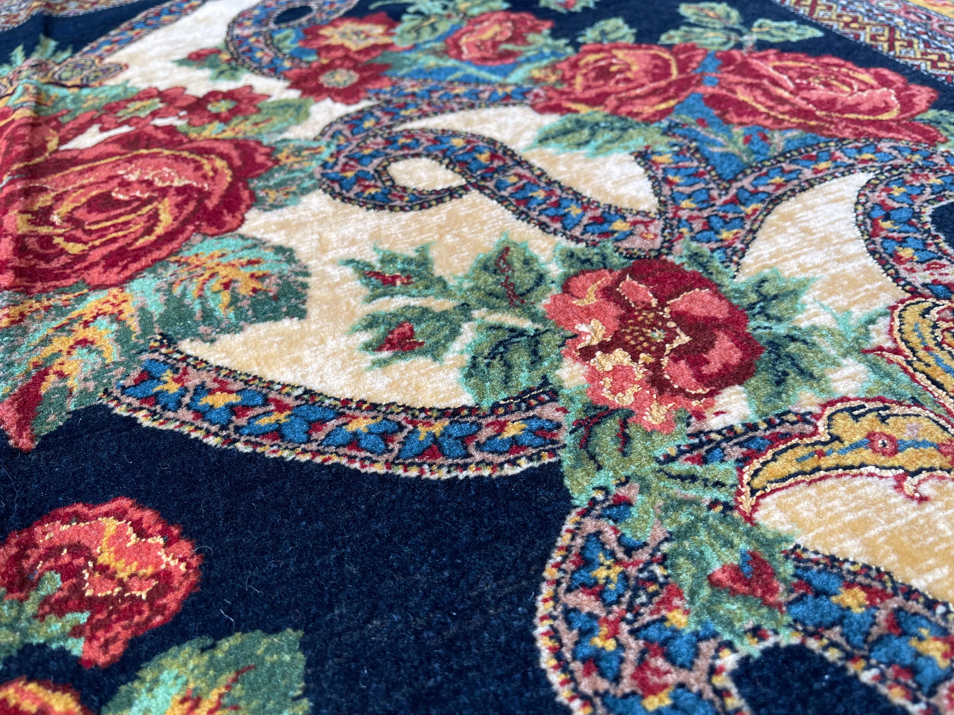 Paisley Navy Blue Rug, Silk & Wool Handmade Carpet Exclusive Livingroom Rug  For Sale 5
