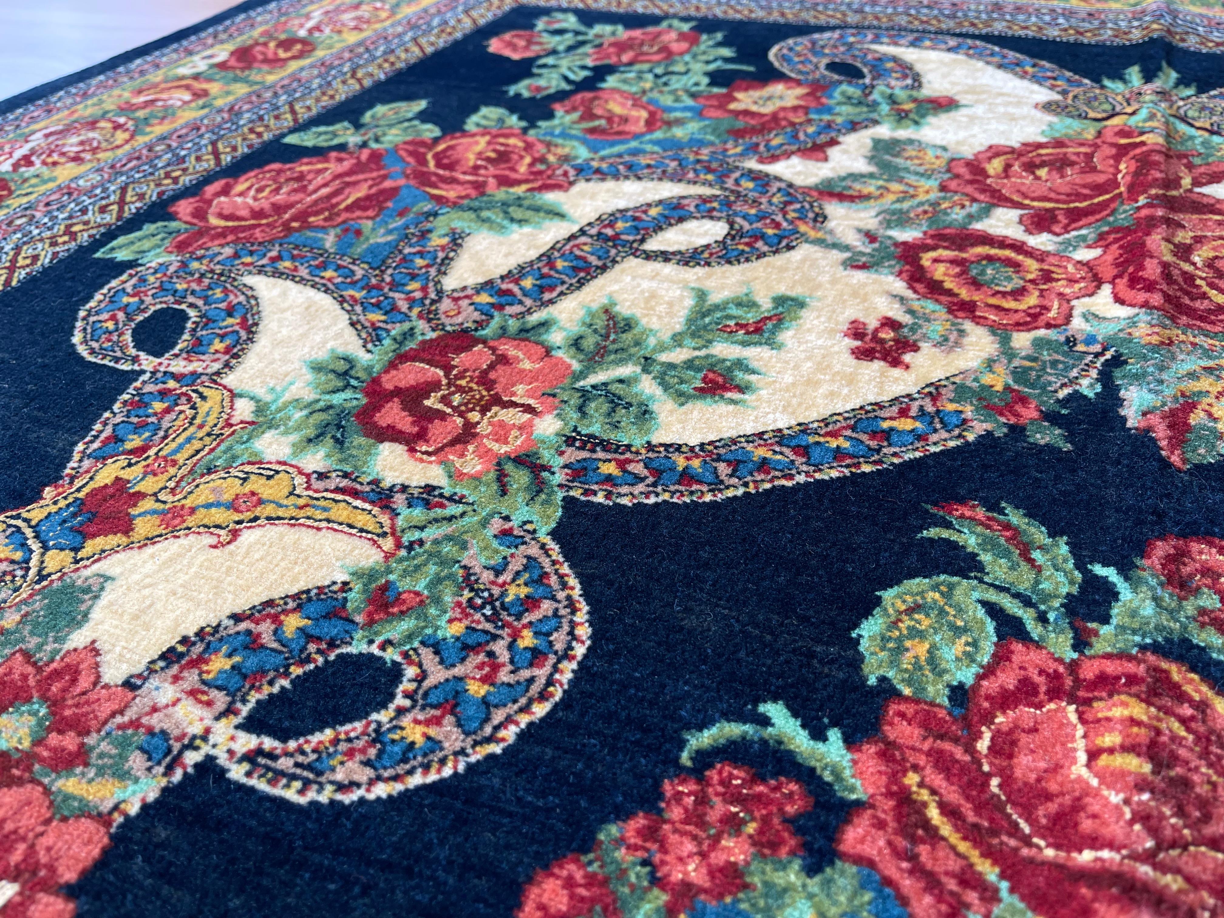 Paisley Marineblauer Teppich, handgefertigter Teppich aus Seide und Wolle  im Angebot 6
