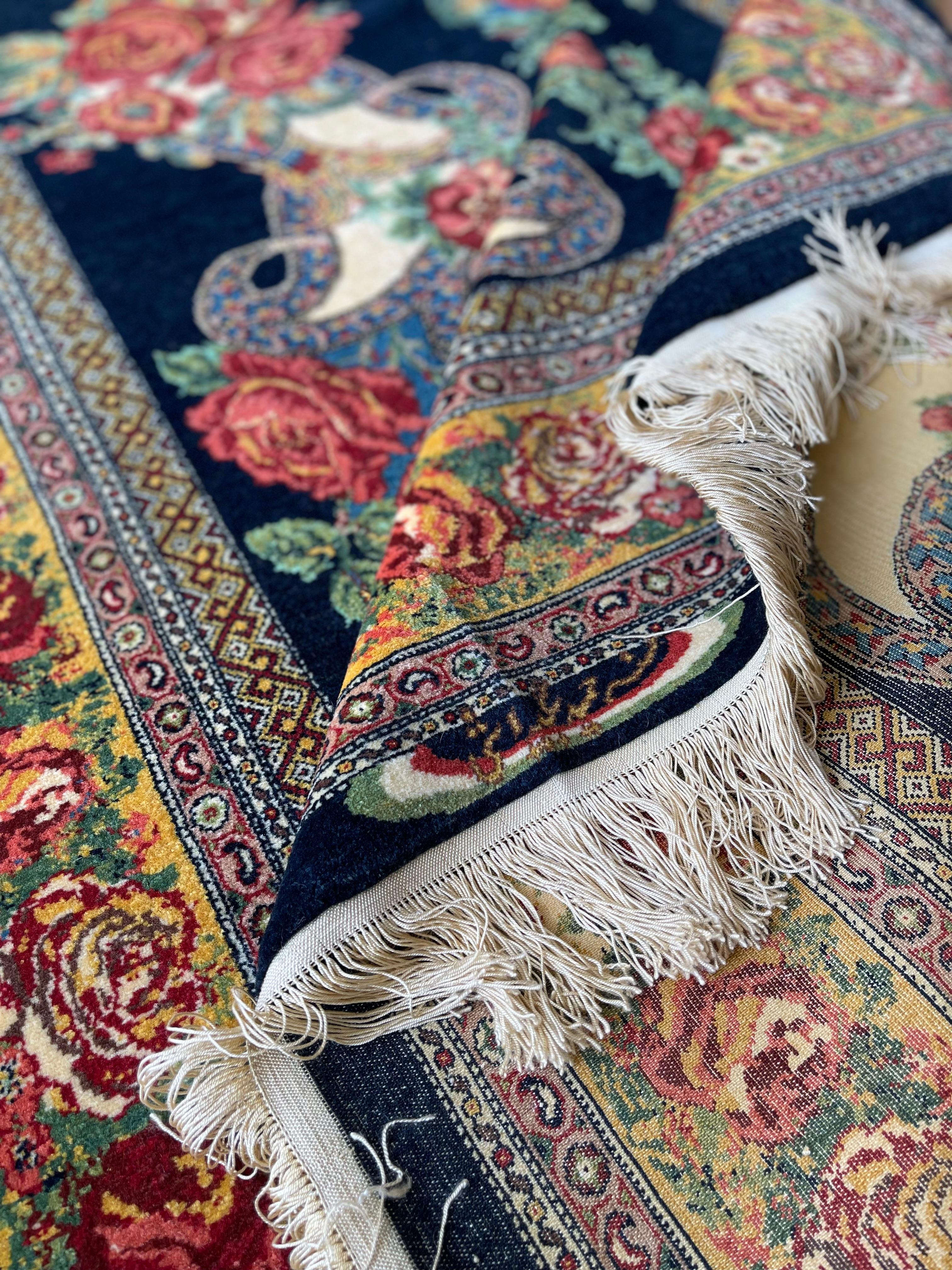 Paisley Marineblauer Teppich, handgefertigter Teppich aus Seide und Wolle  im Angebot 9