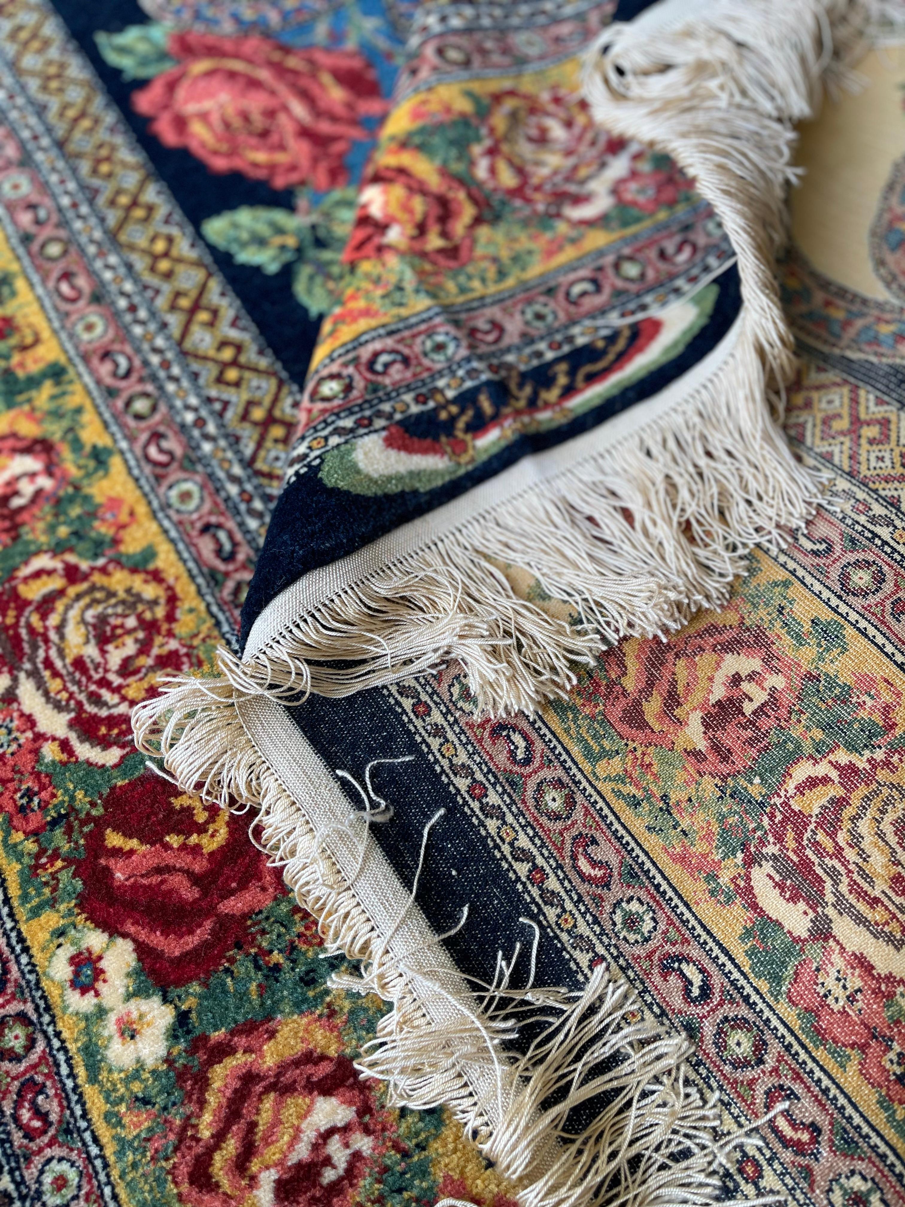 Paisley Navy Blue Rug, Silk & Wool Handmade Carpet Exclusive Livingroom Rug  For Sale 10