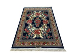 Paisley Navy Blue Rug, Silk & Wool Handmade Carpet Exclusive Livingroom Rug