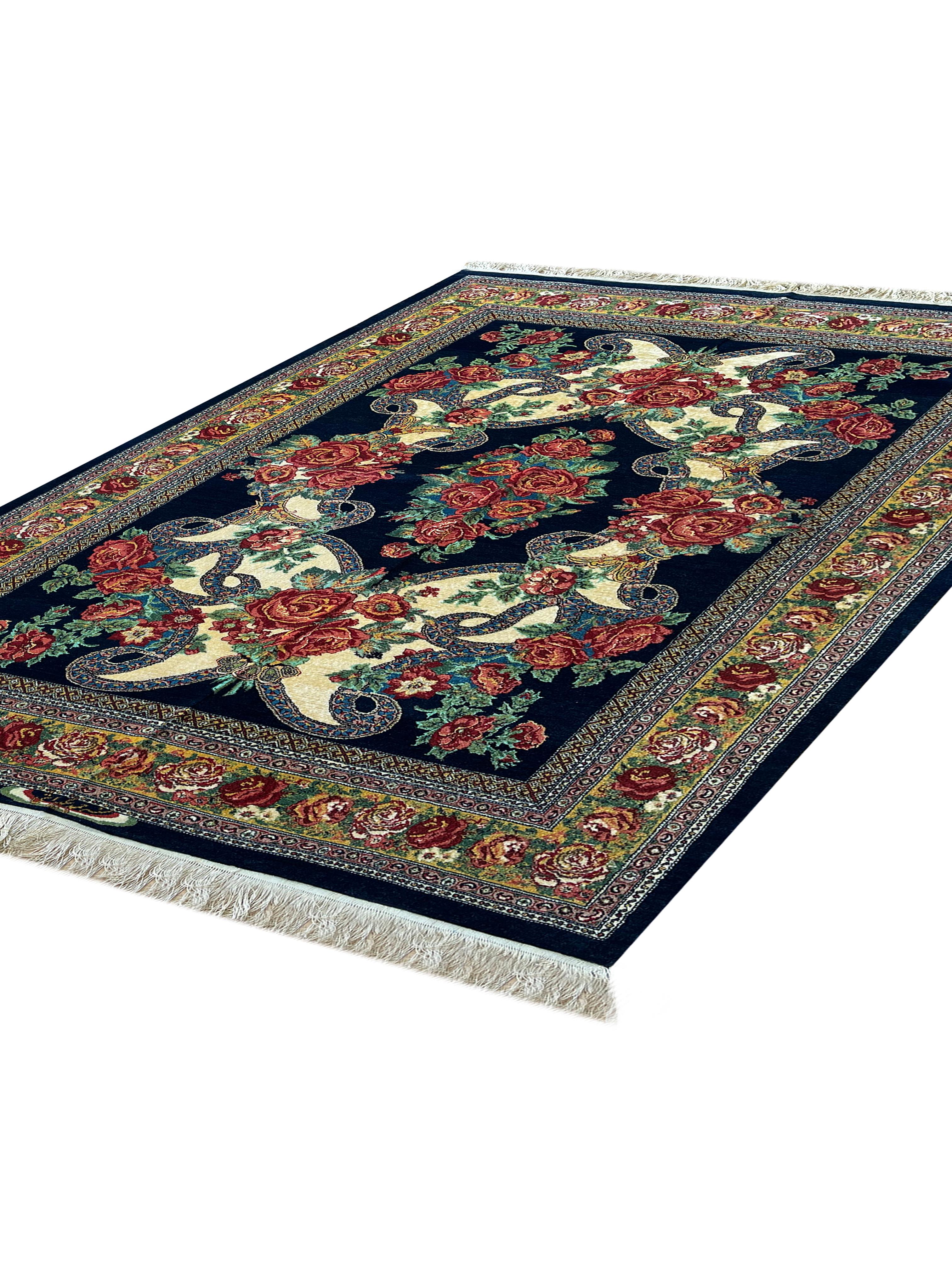 Art Deco Paisley Navy Blue Rug, Silk & Wool Handmade Carpet Exclusive Livingroom Rug  For Sale