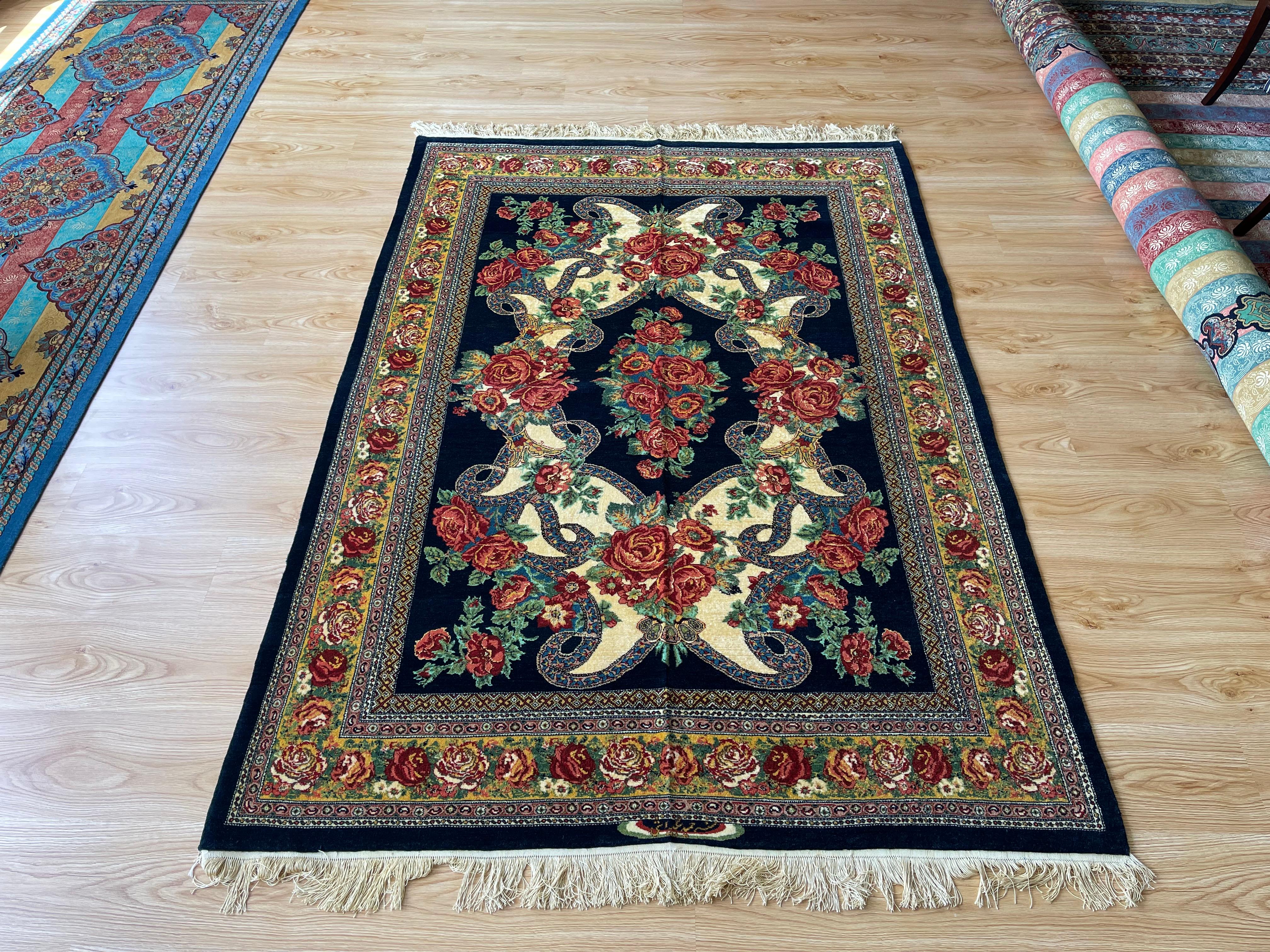 Caucasian Paisley Navy Blue Rug, Silk & Wool Handmade Carpet Exclusive Livingroom Rug  For Sale