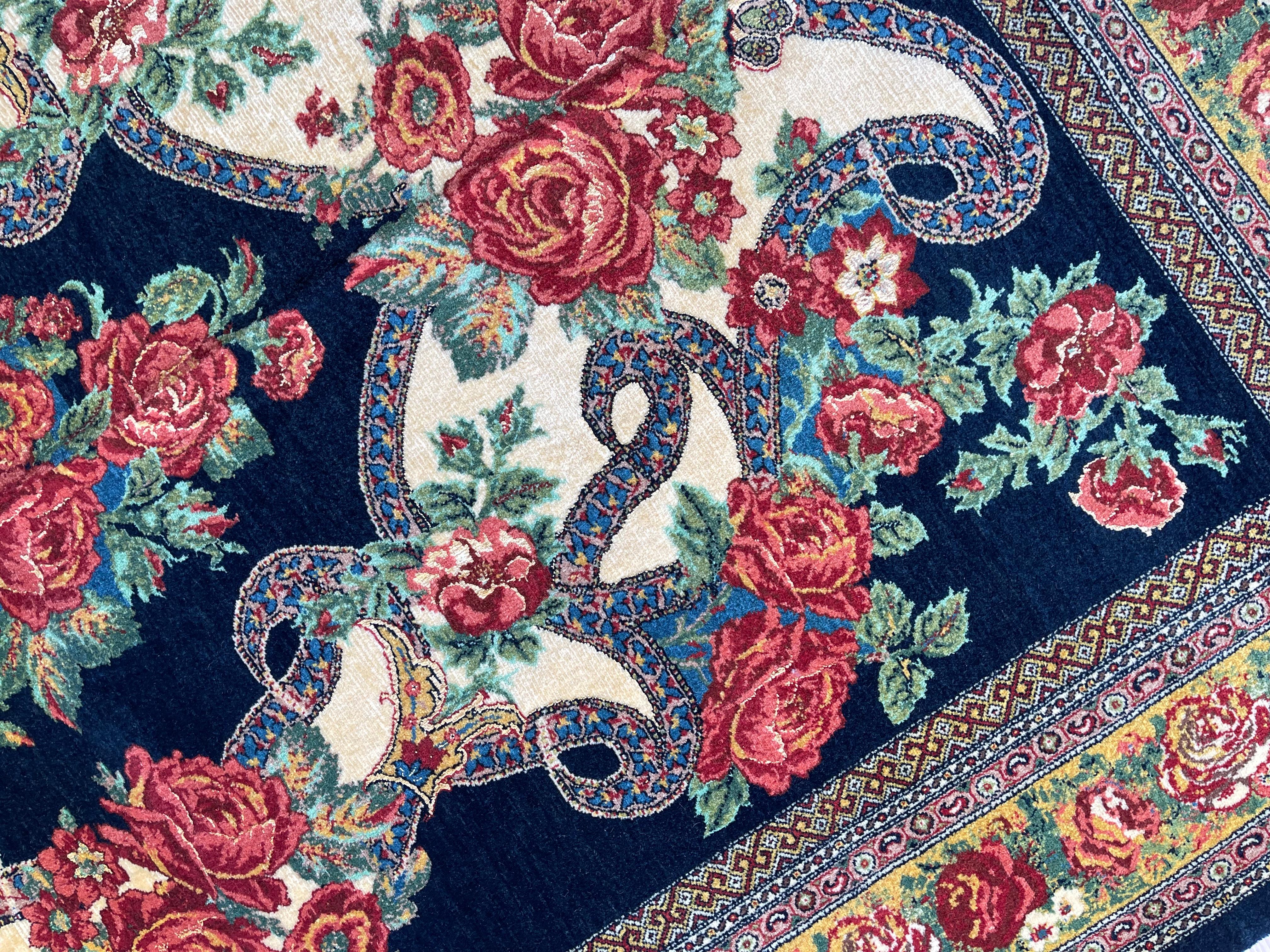Contemporary Paisley Navy Blue Rug, Silk & Wool Handmade Carpet Exclusive Livingroom Rug  For Sale