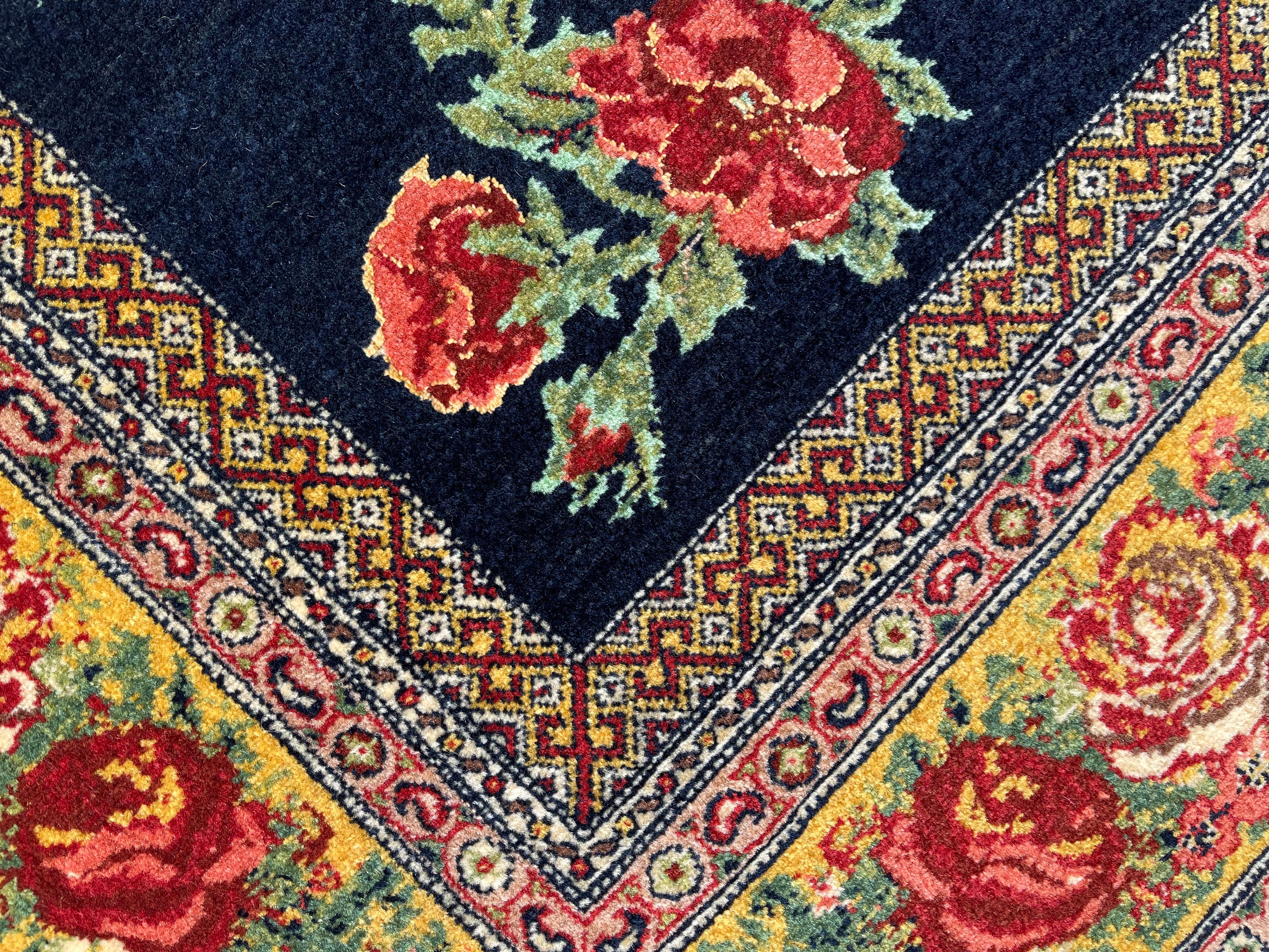 Vegetable Dyed Paisley Navy Blue Rug, Silk & Wool Handmade Carpet Exclusive Livingroom Rug For Sale