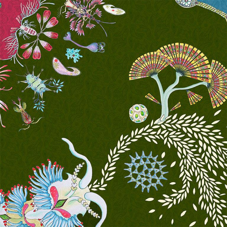 English Paisley Paramecium Wallpaper in Olive Large Scale For Sale