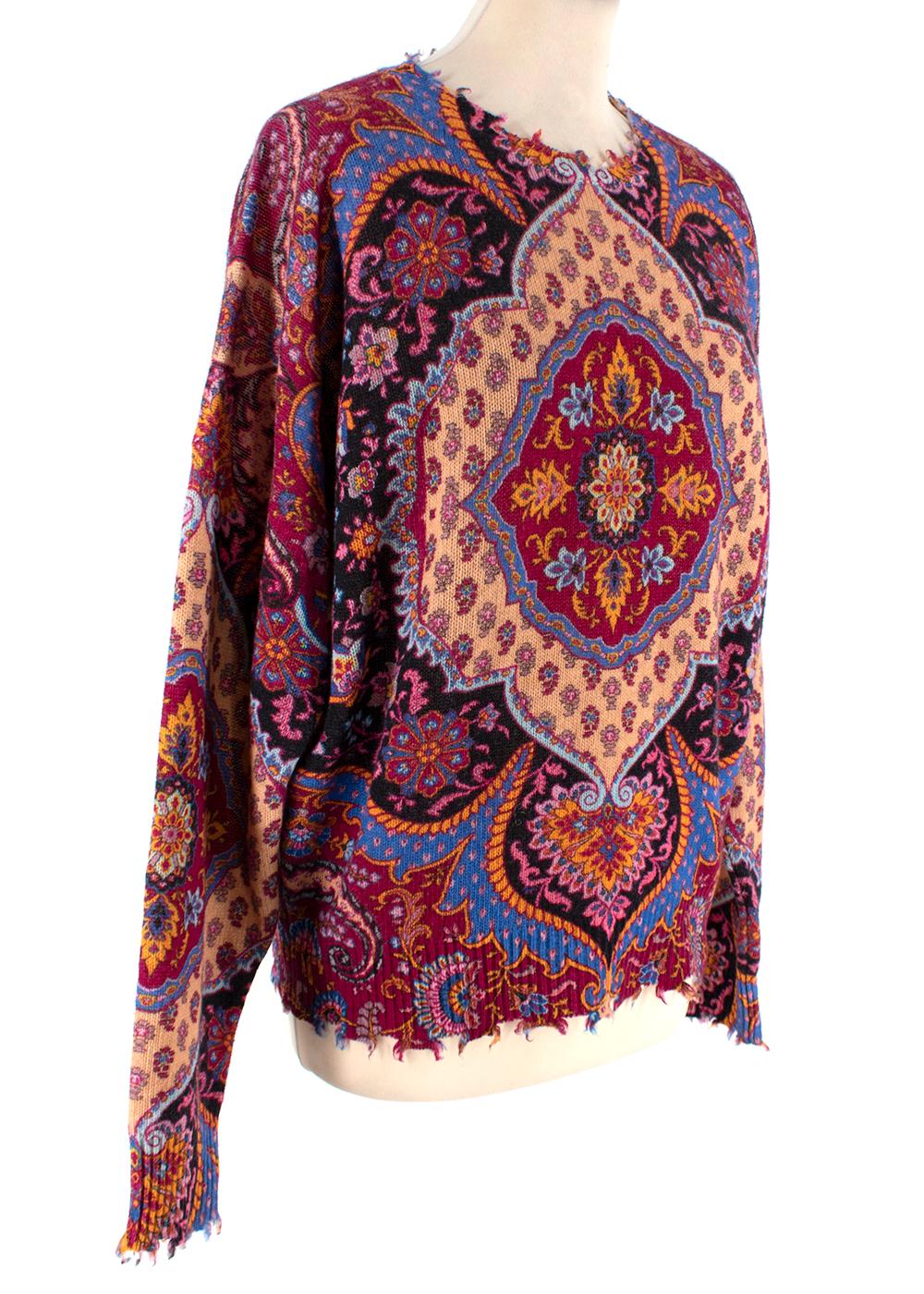 Etro Paisley Print Distressed Fine Knit Jumper

- Long sleeve fine knit woolen jumper, with signature Etro paisley print
- Distressed collar, cuffs and hemline 

Materials 
100% Wool 

Made in Italy
Dry clean only 

PLEASE NOTE, THESE ITEMS ARE