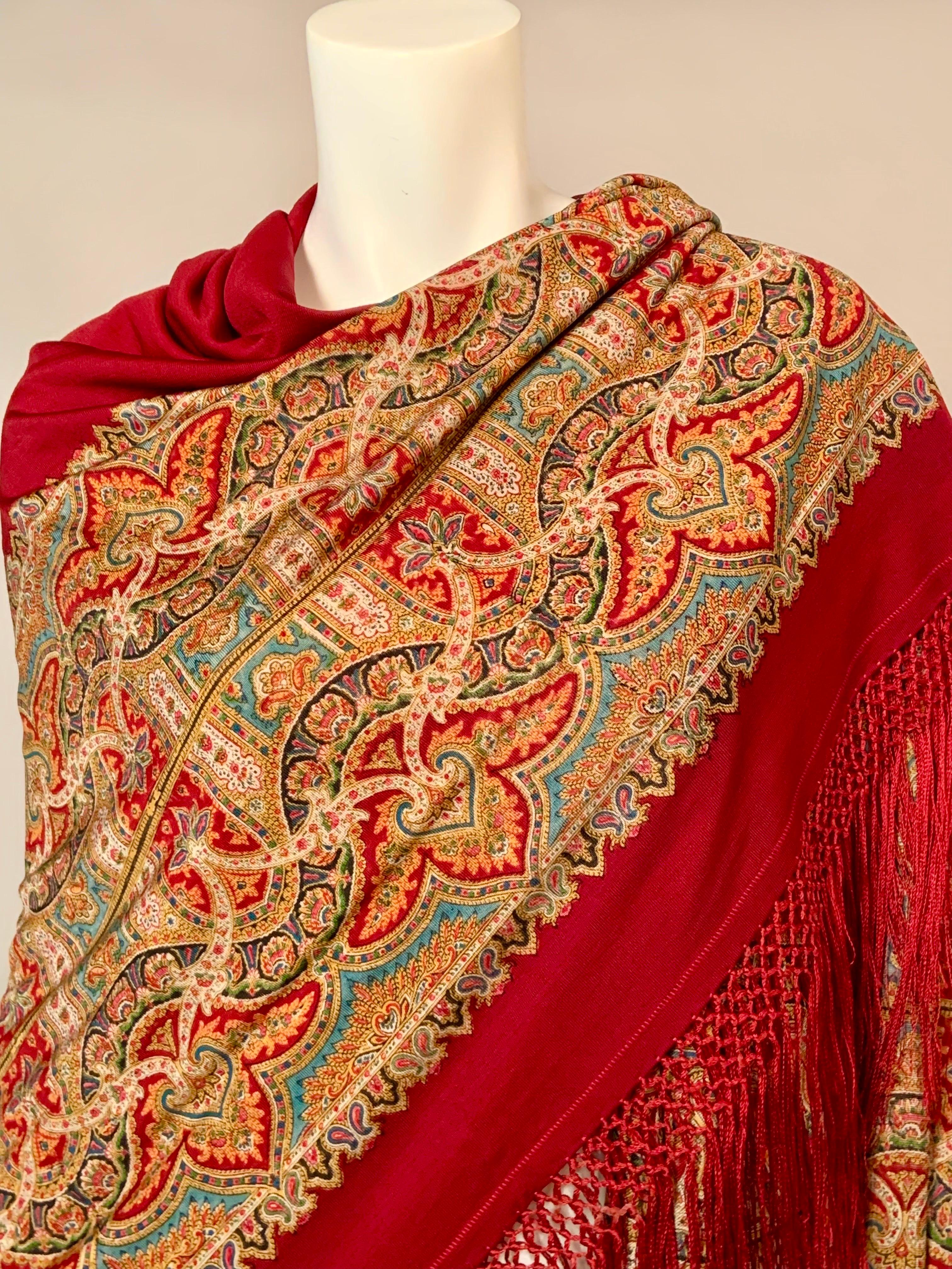 Paisley Printed Burgundy Red Shawl with Silk Fringe In Excellent Condition For Sale In New Hope, PA