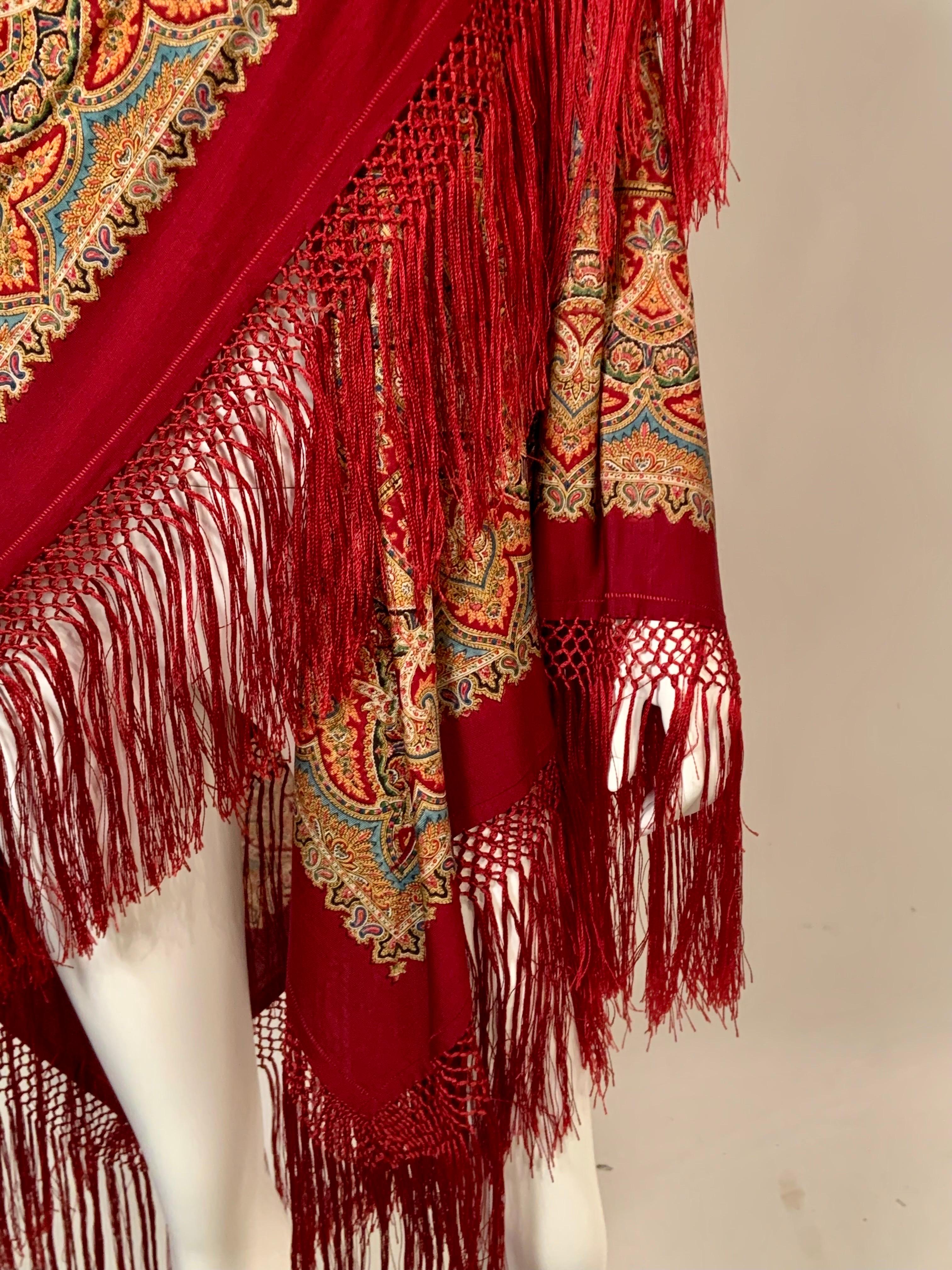 Paisley Printed Burgundy Red Shawl with Silk Fringe For Sale 1