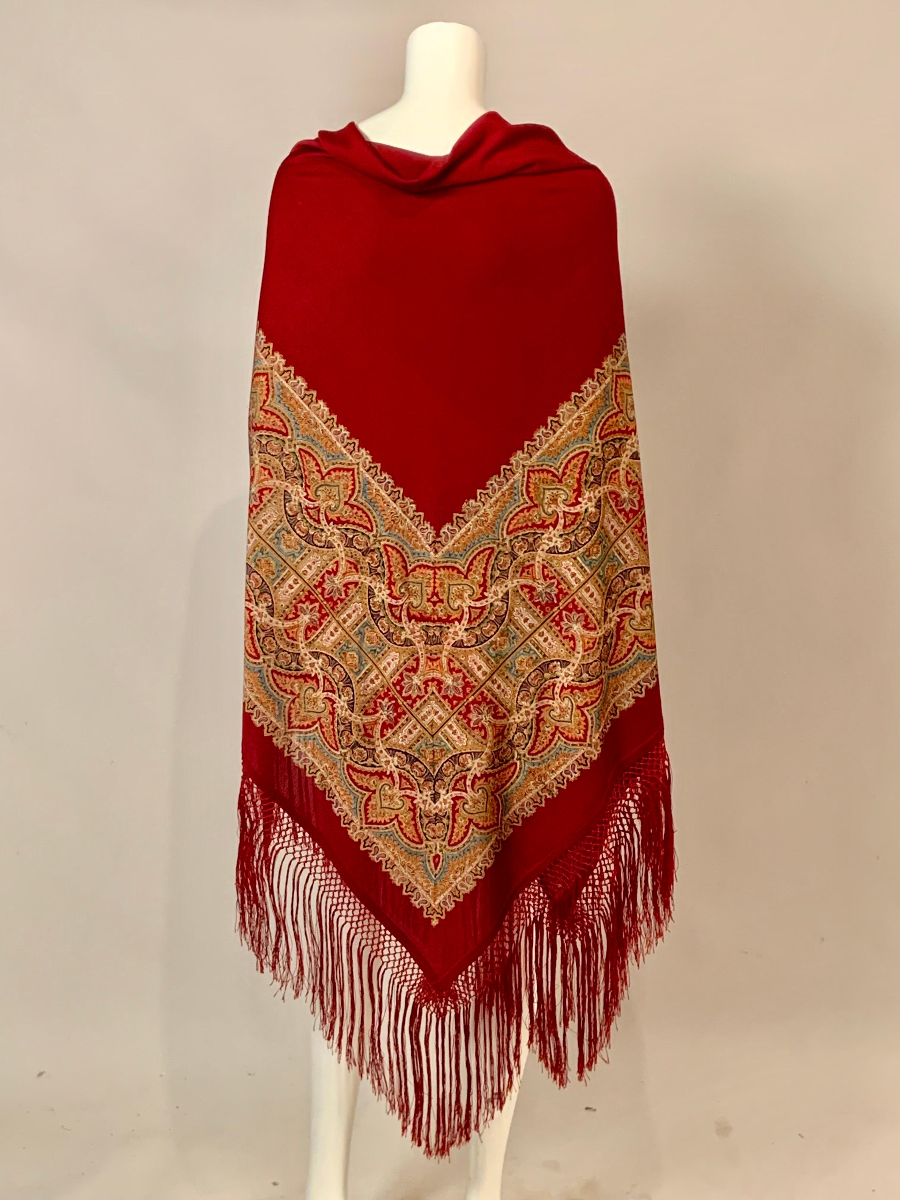 Paisley Printed Burgundy Red Shawl with Silk Fringe For Sale 2