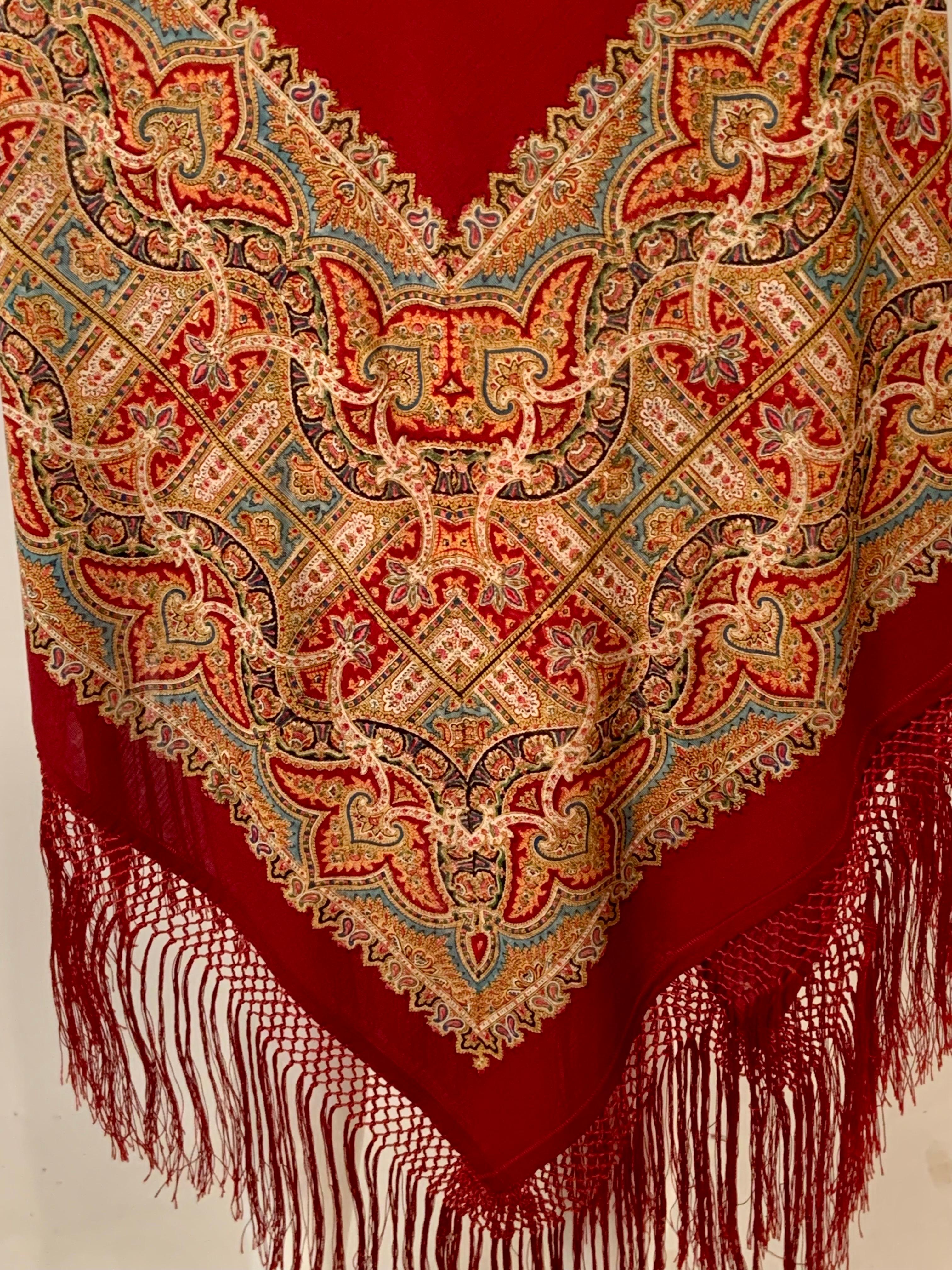 Paisley Printed Burgundy Red Shawl with Silk Fringe For Sale 3