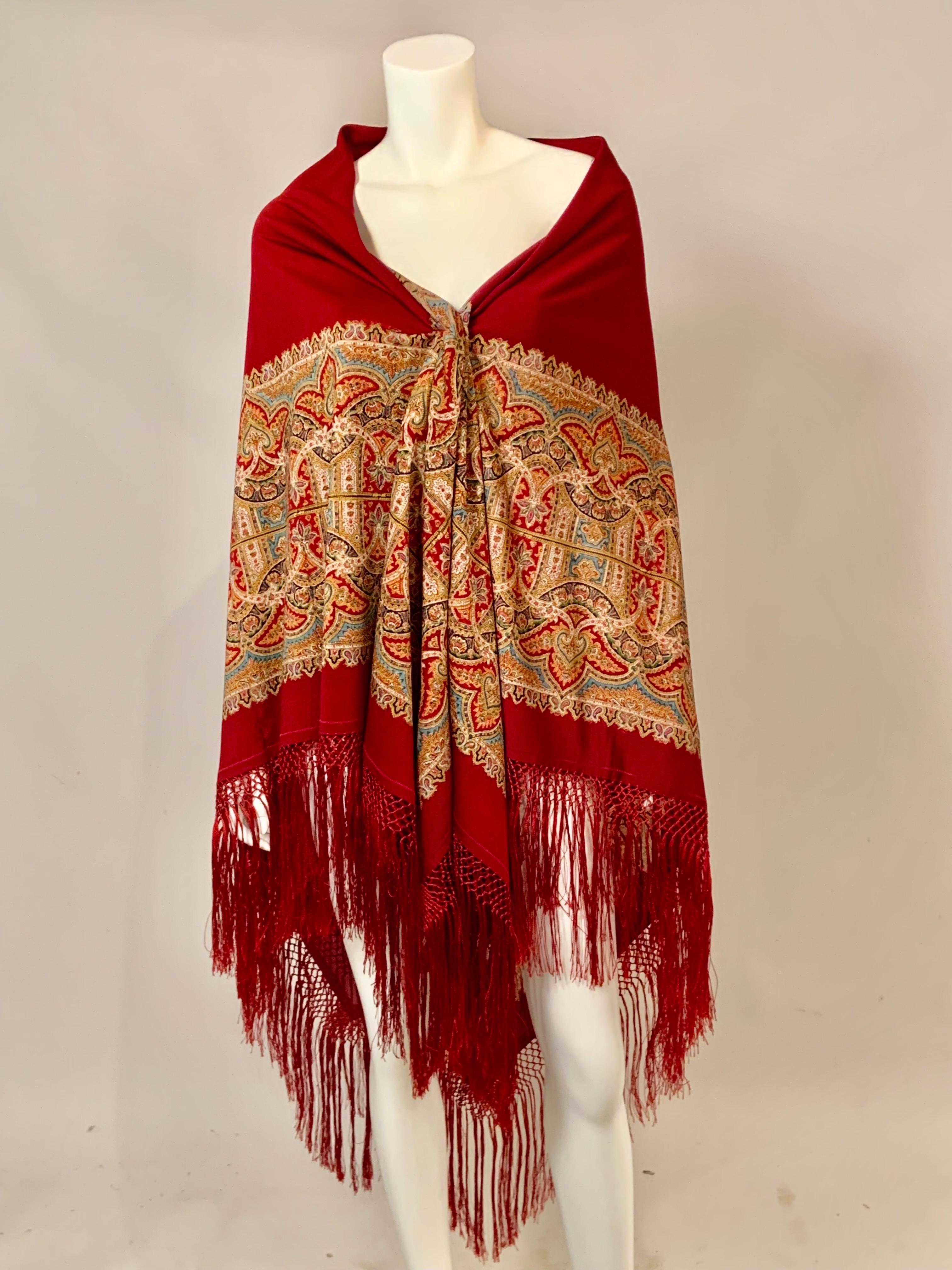 Paisley Printed Burgundy Red Shawl with Silk Fringe For Sale 5