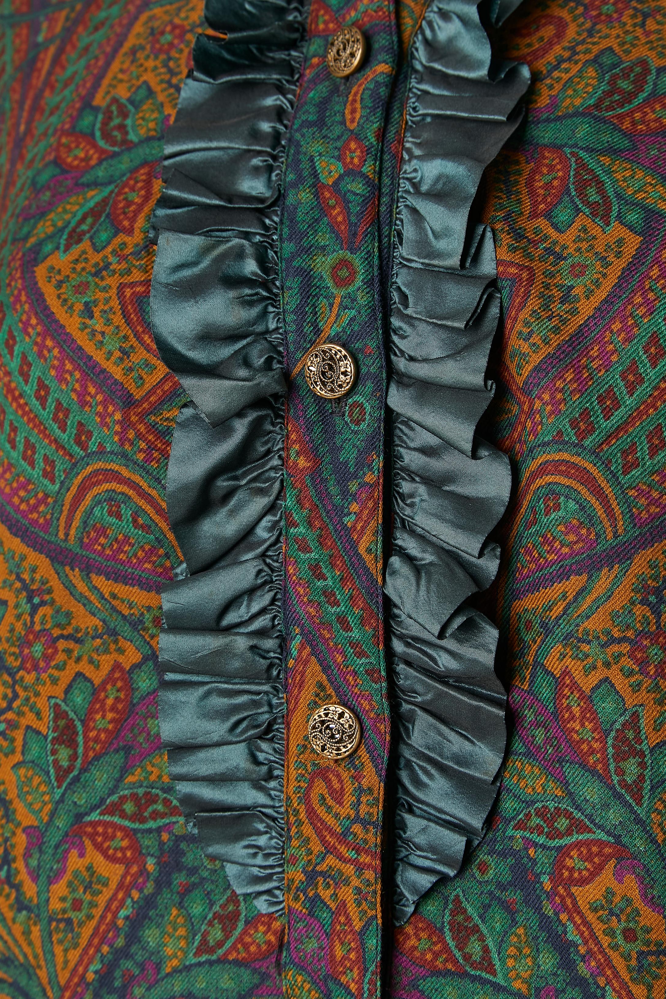 Black Paisley printed cotton shirt with taffetas ruffles Saint Laurent Rive Gauche For Sale