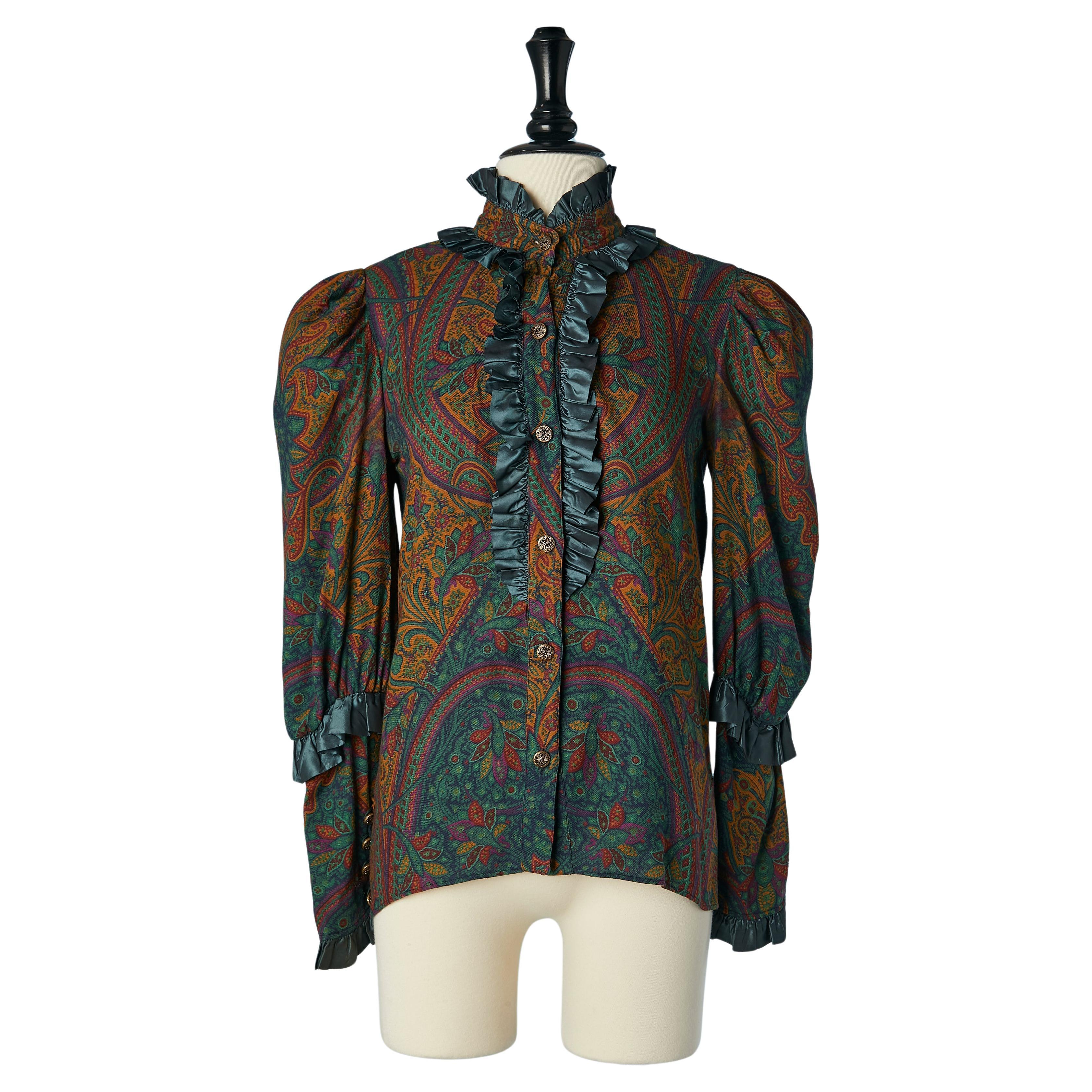 Paisley printed cotton shirt with taffetas ruffles Saint Laurent Rive Gauche For Sale
