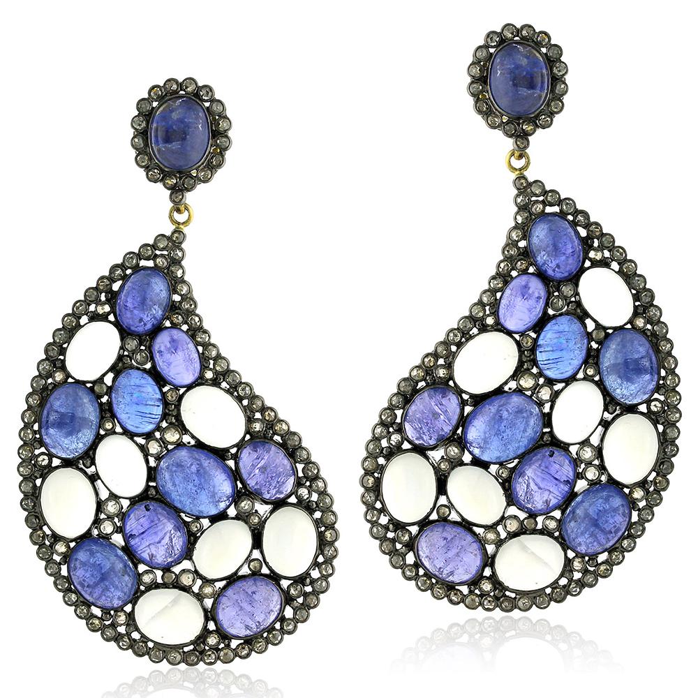 Paisley Shaped Tanzanite, Moonstone and Diamond Earring In New Condition In New York, NY