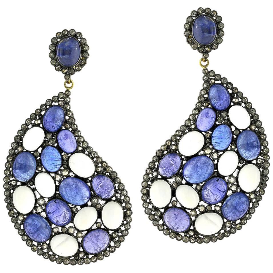 Paisley Shaped Tanzanite, Moonstone and Diamond Earring