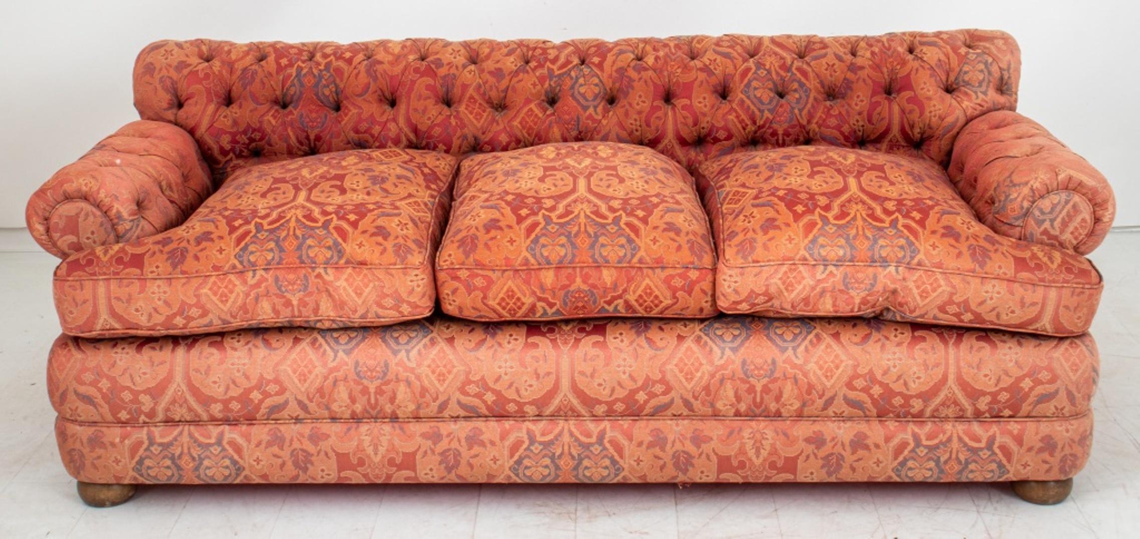 American Classical Paisley Upholstered Buttoned Chesterfield Sofa