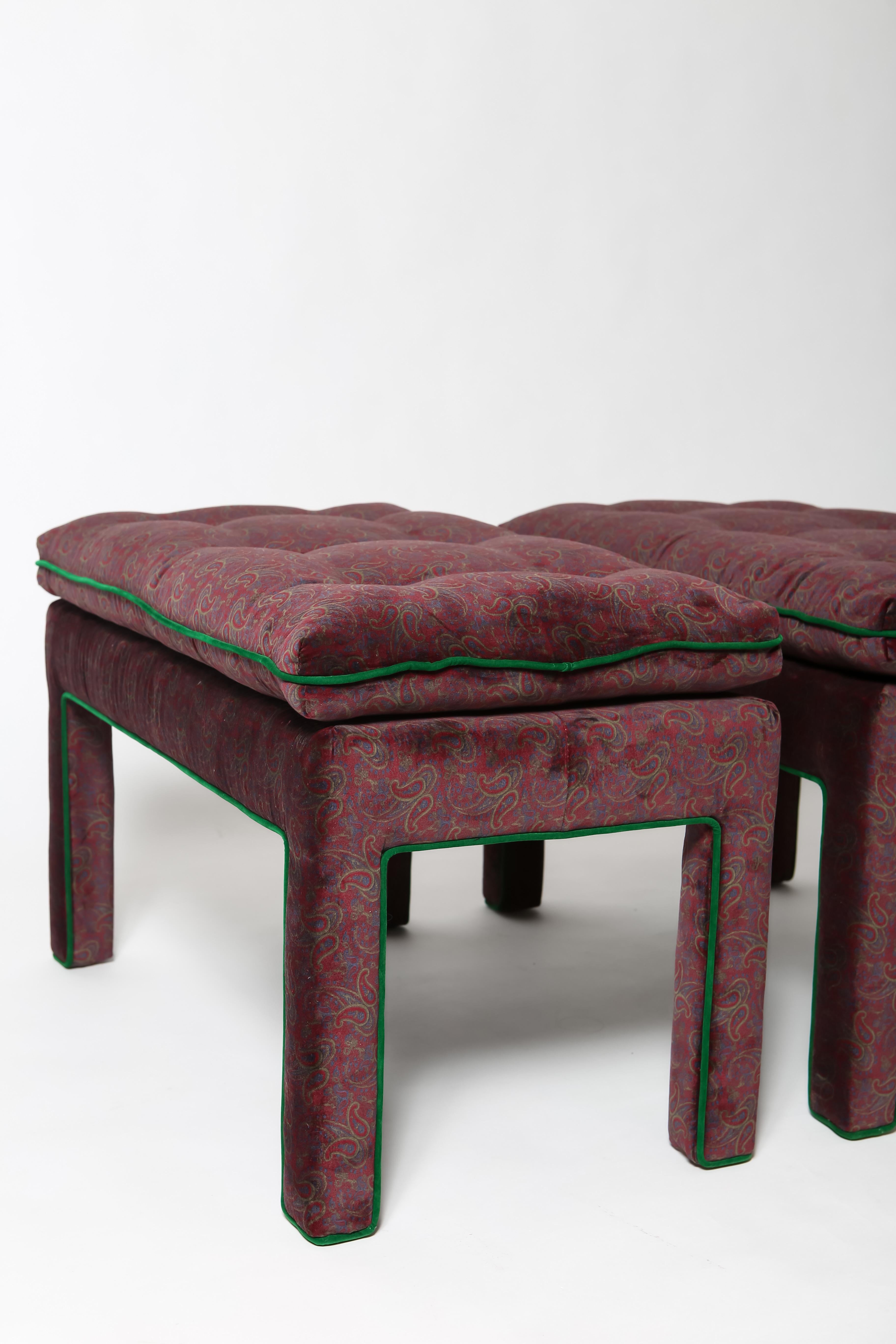 Fully-upholstered pair of parsons benches or ottomans. Use in dining, entry or at foot of bed- these are really fun. Reupholstered in deadstock vintage cotton velvet with paisley print and accented with a grass green velvet welt. Button tufted fixed