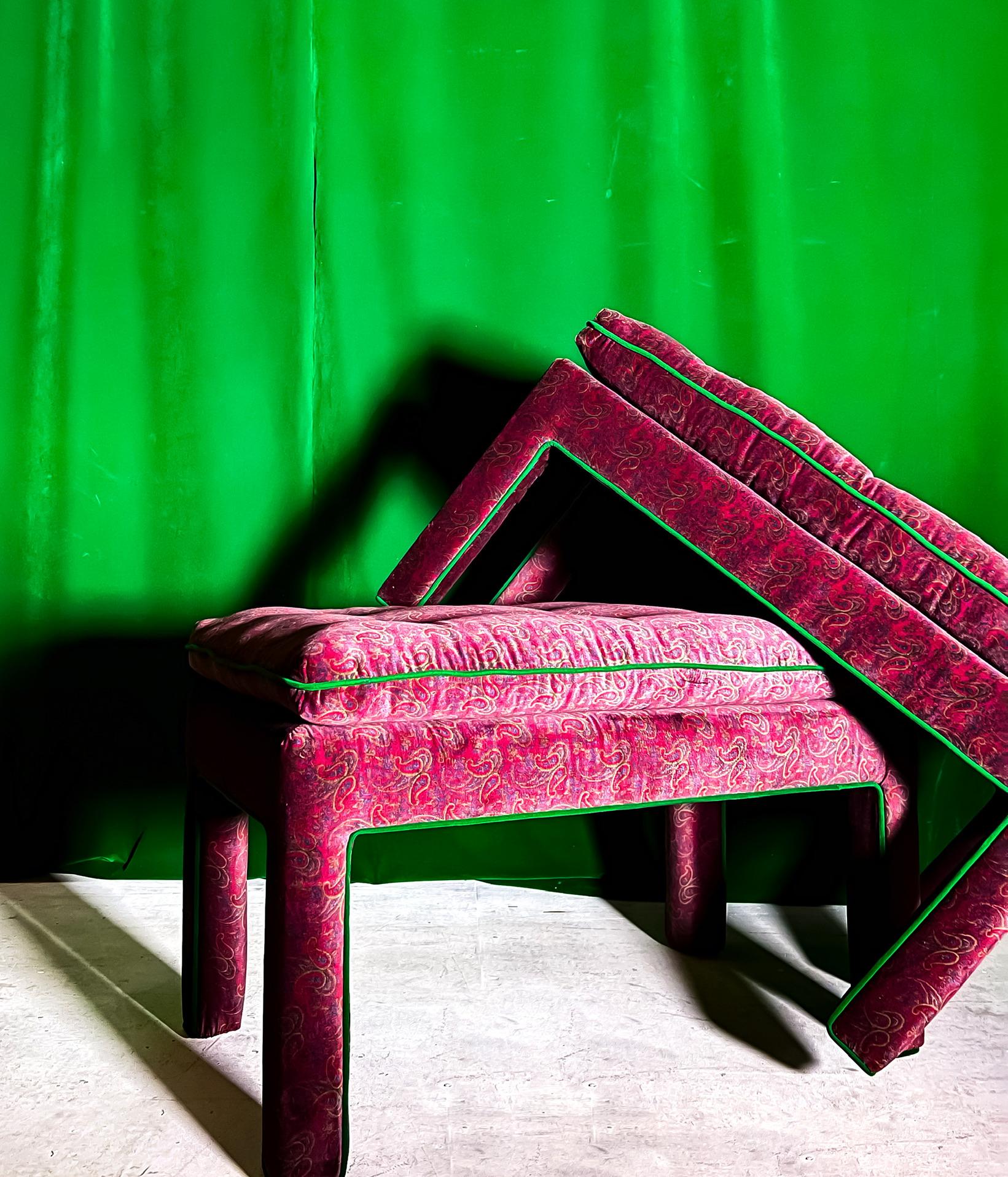 Hollywood Regency Paisley Velvet Parsons Benches Fully Upholstered, a Pair
