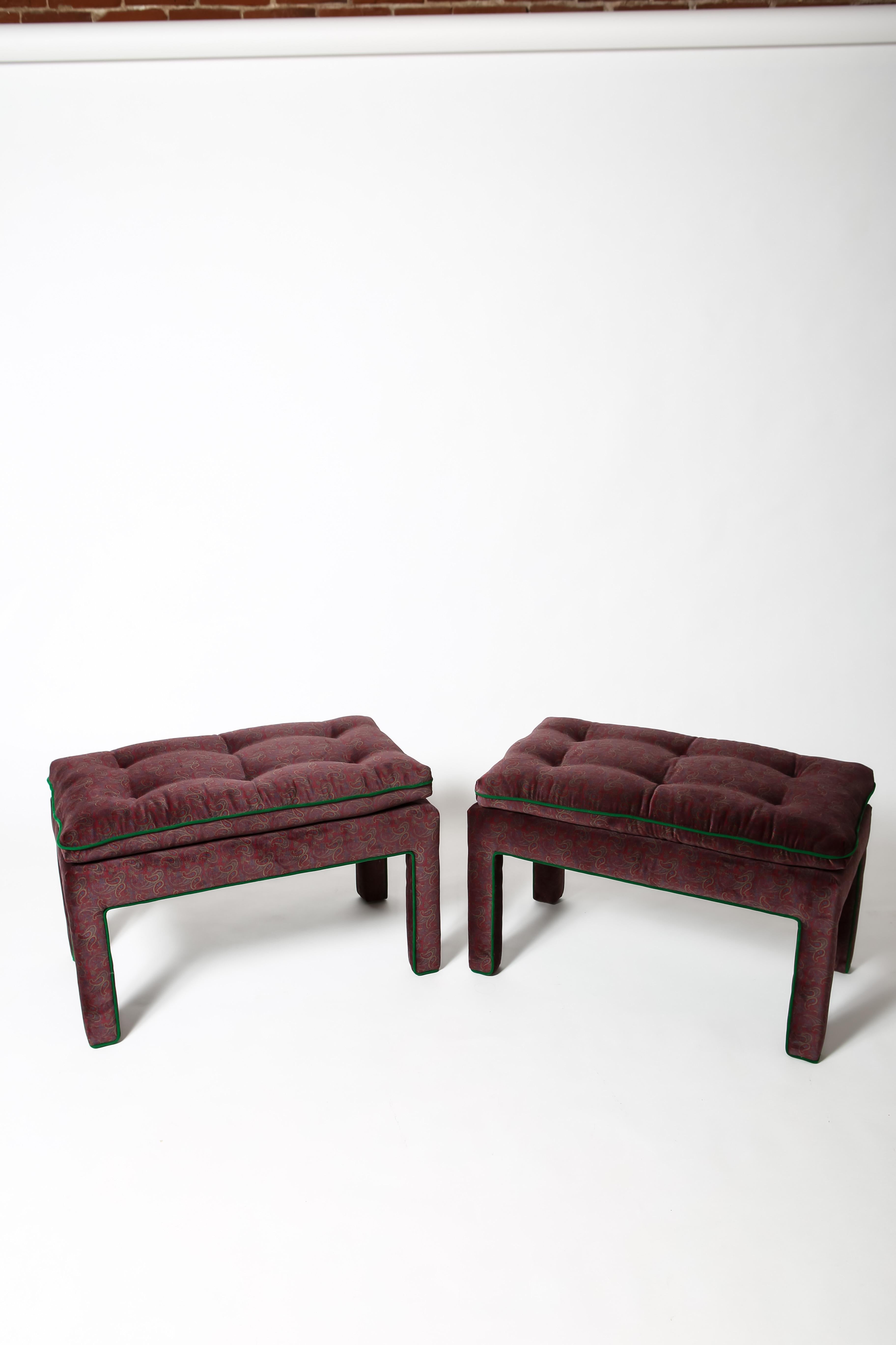 American Paisley Velvet Parsons Benches Fully Upholstered, a Pair