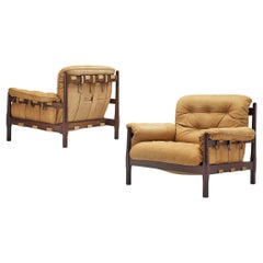 Pair of Italian Lounge Chairs in Leather and Mahogany