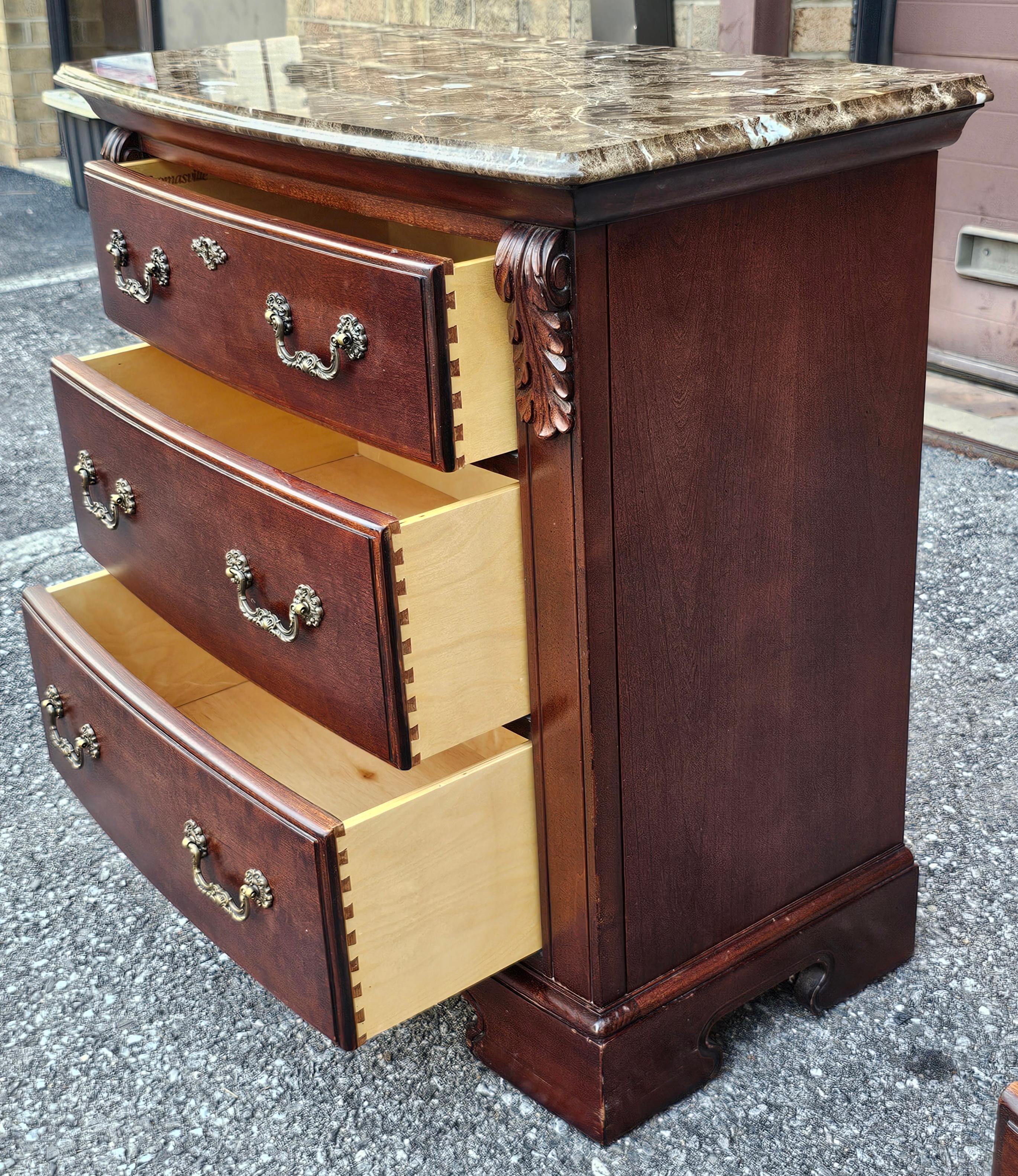 Pair Thomasville Fruitwood Bachelor's Chests with Marble Top For Sale 3