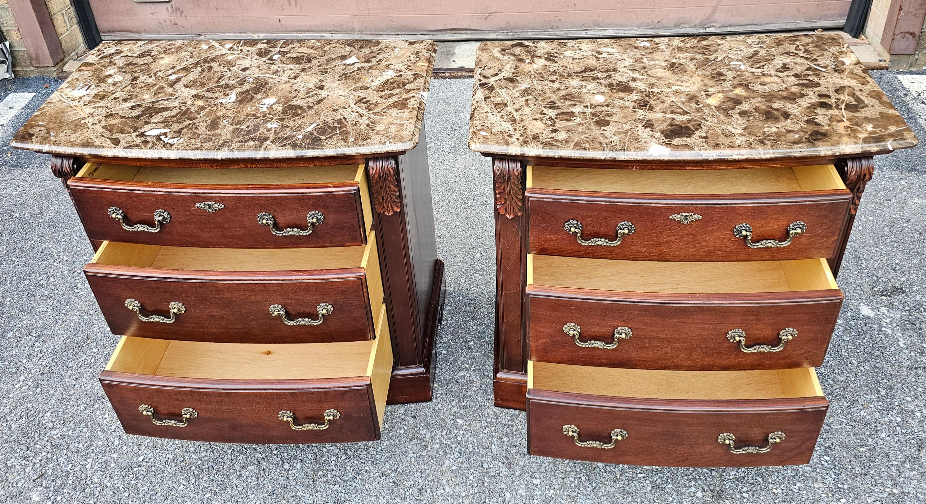 Stained Pair Thomasville Fruitwood Bachelor's Chests with Marble Top For Sale