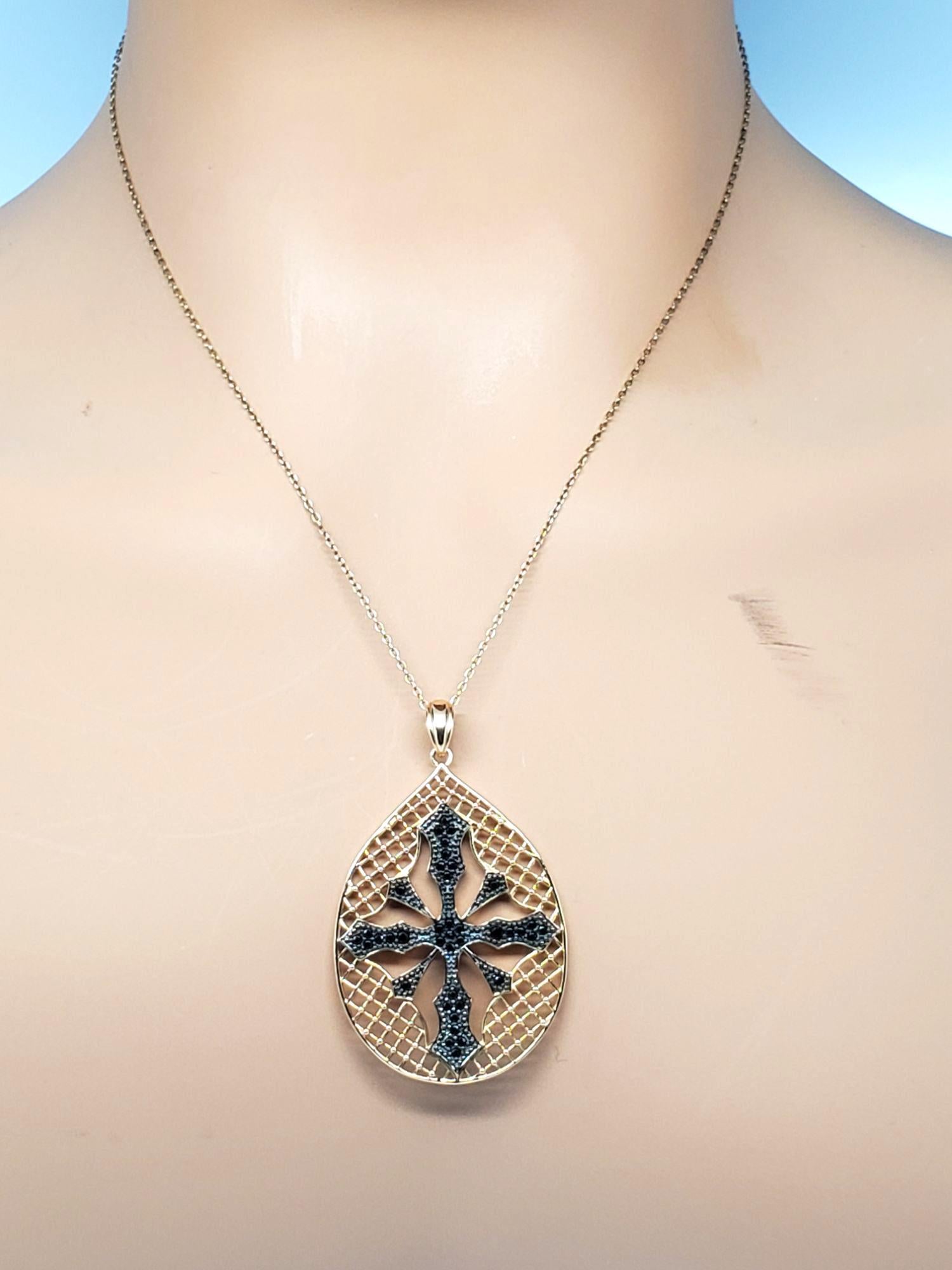 PAJ Sterling Silber Gold-Ton schwarzer Stein Kreuz Anhänger Halskette #21616 im Angebot 5