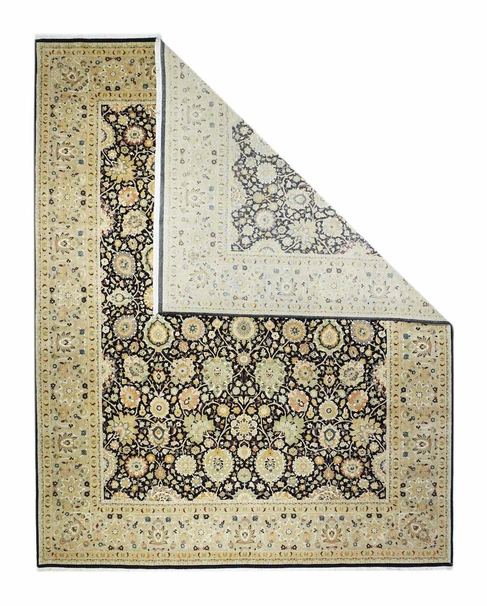 Pakistan rug Tabriz design, hand knotted

Design: Tabriz 

Color: Black border, beige

The art of weaving developed in the region comprising Pakistan at a time when few other civilizations employed it. Excavations at Moenjodaro and Harappa,