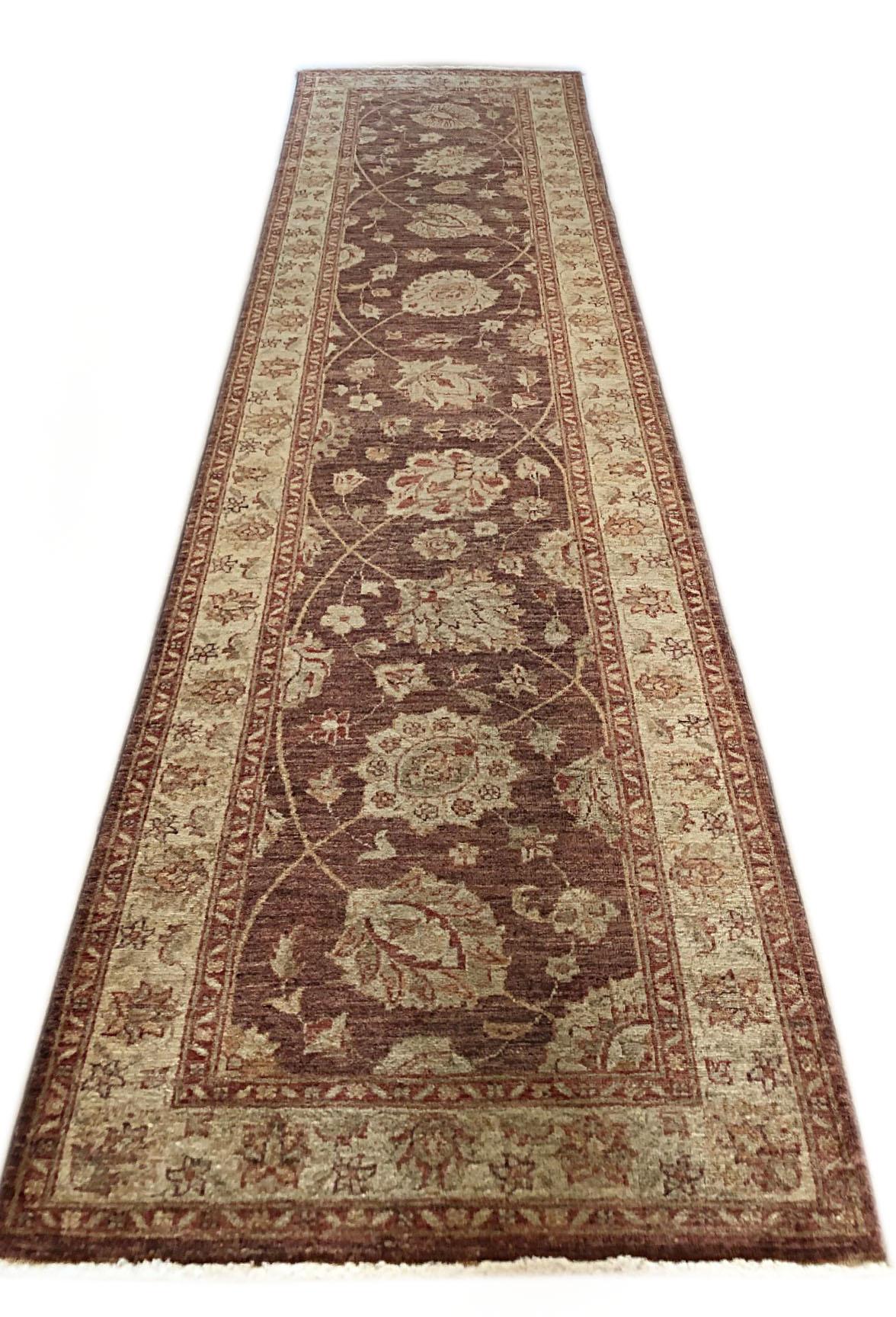 Pakistani Pakistan Hand Knotted All Over Brown Peshawar Runner Rug For Sale