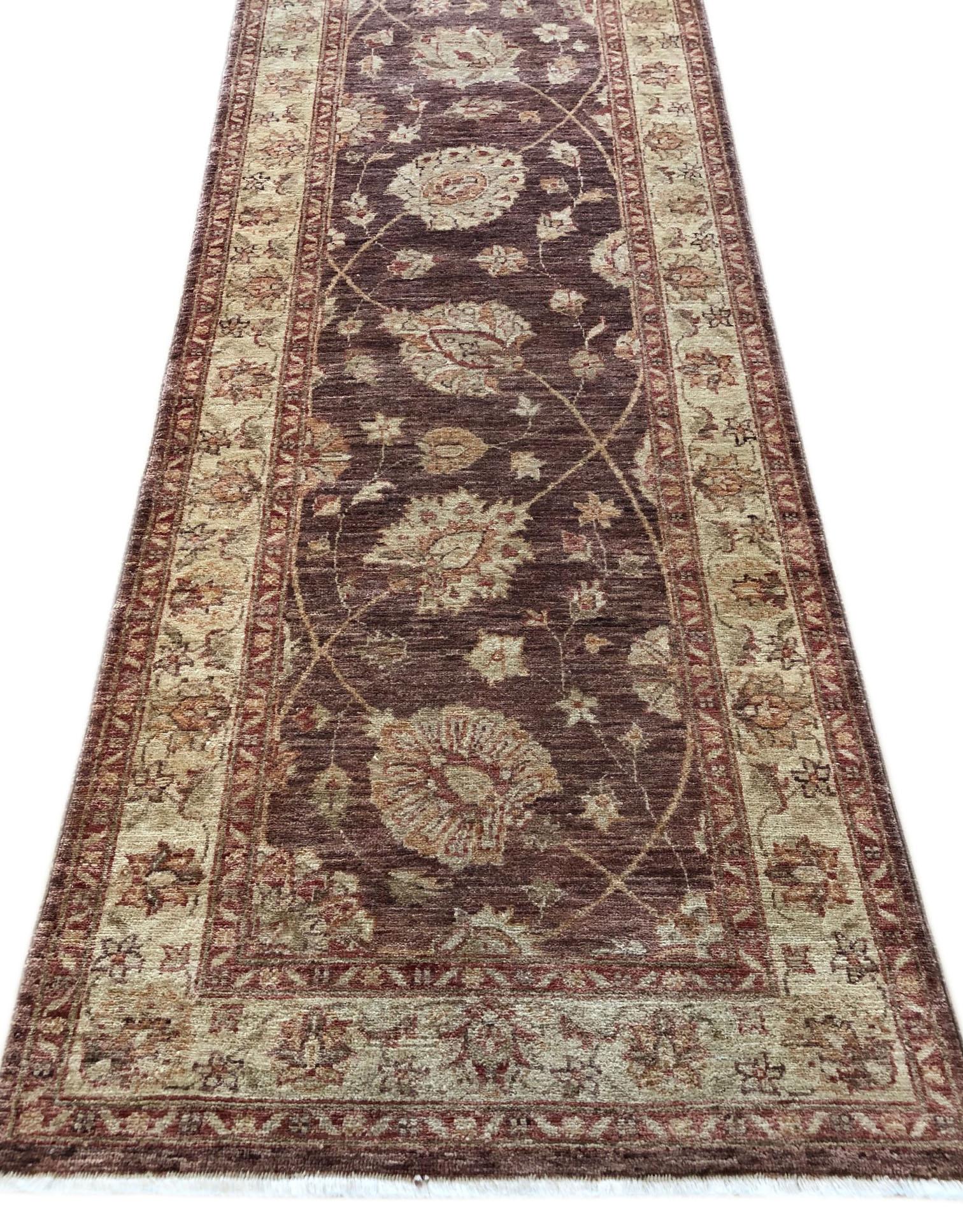 Hand-Knotted Pakistan Hand Knotted All Over Brown Peshawar Runner Rug For Sale