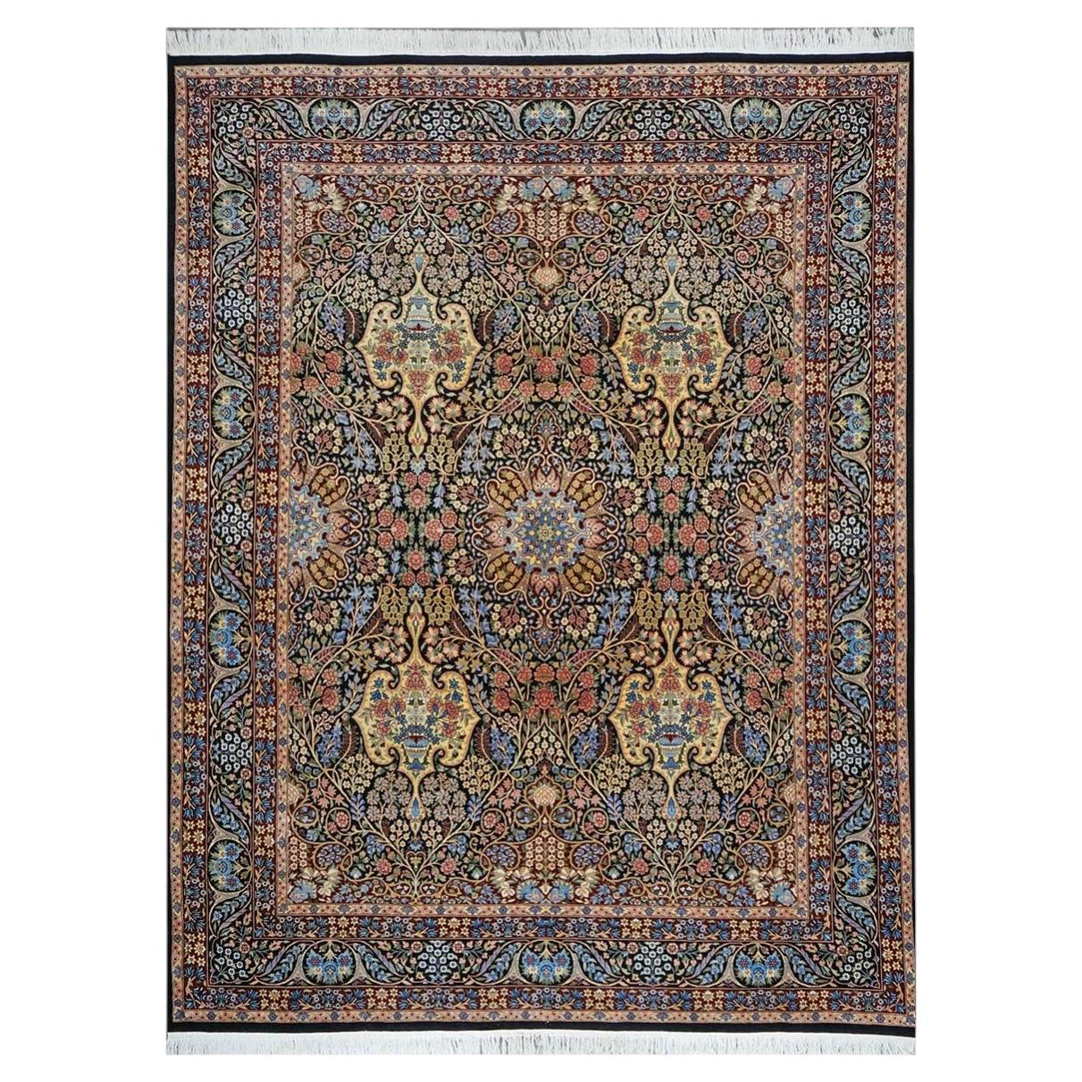Pakistani Lavar Kerman Style Wool 9x12 Black, Rust & Blue Handmade Area Rug For Sale