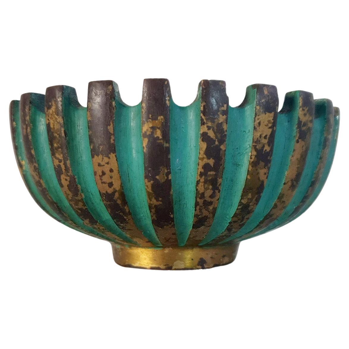 A solid bronze object bowl with verdigris patina and hand hammered inside designed by Hungarian designer Maurice Ascalon and produced by Pal-Bell, Tel Aviv, Israel, 1939-1956. Works well for keys or nick-nacks. Retains the original patina but can be