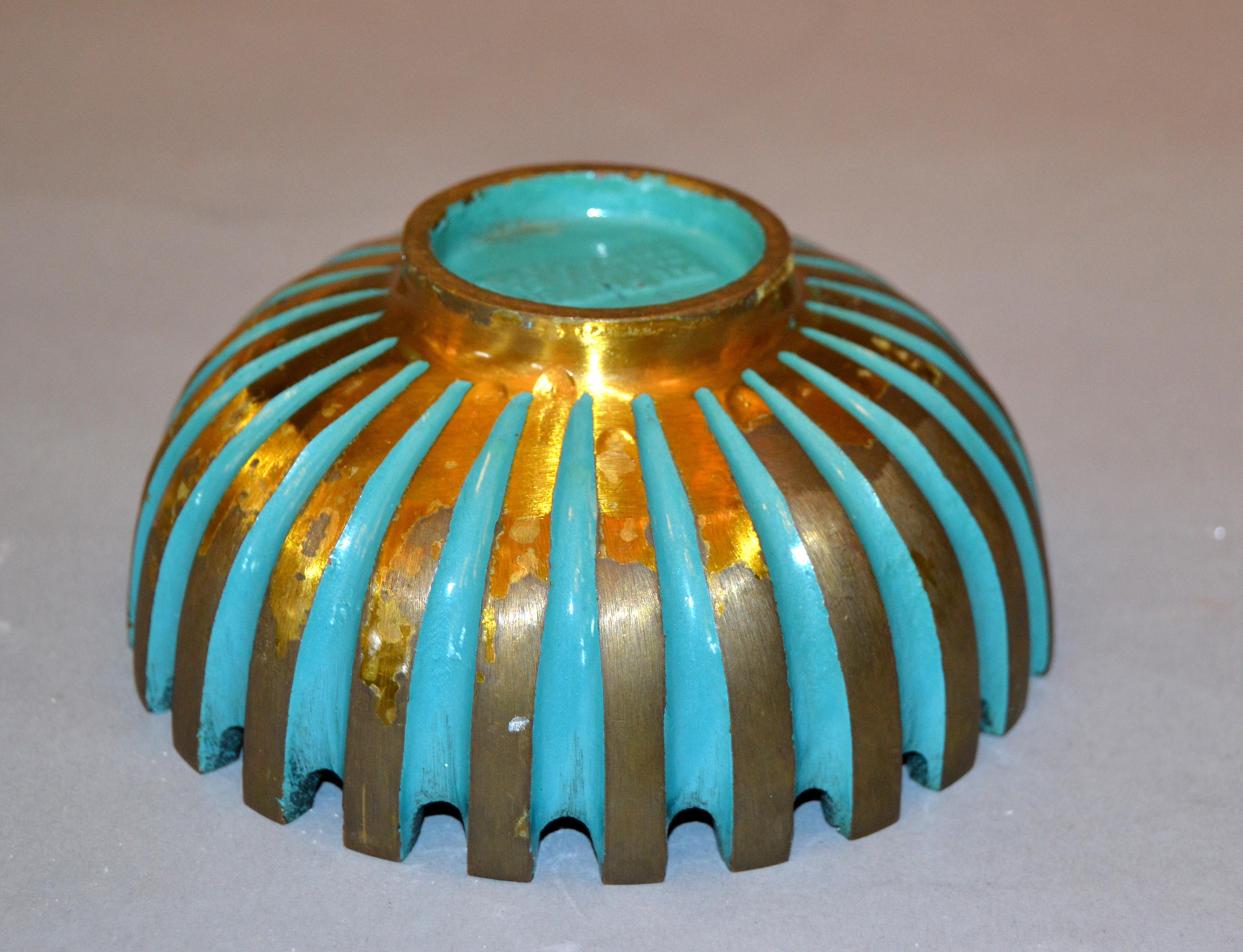 Pal-Bell Turquoise & Gold Bowl Hand Hammered Cast Bronze Maurice Ascalon Israel 3