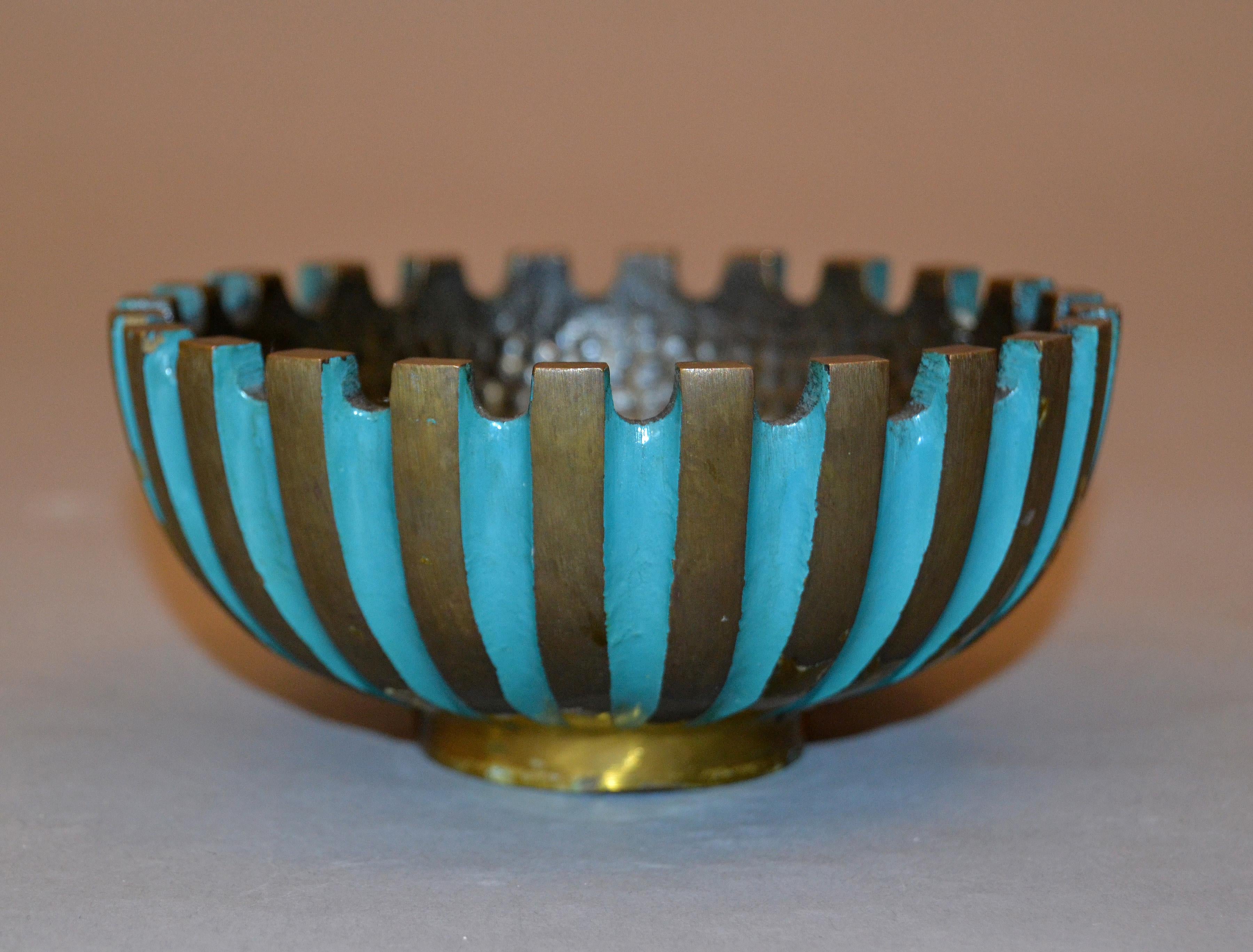 Pal-Bell Turquoise & Gold Bowl Hand Hammered Cast Bronze Maurice Ascalon Israel 5