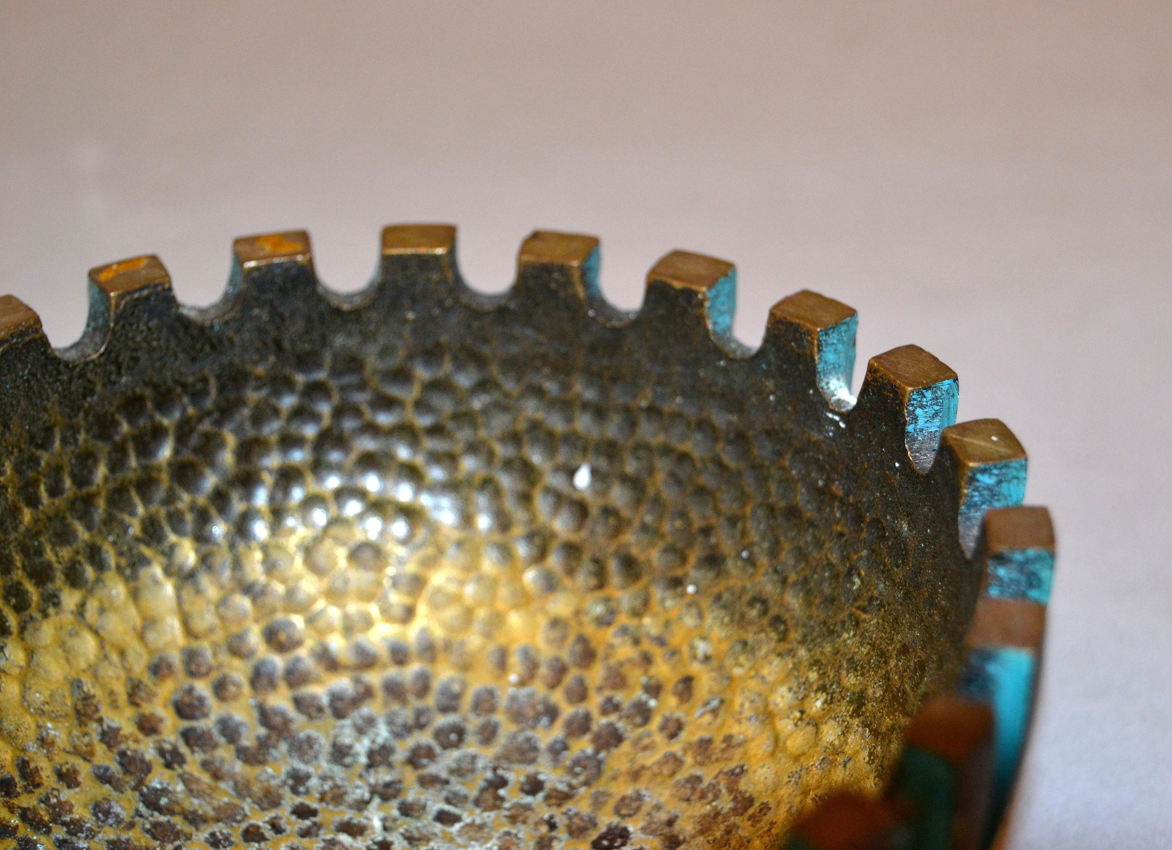 Mid-Century Modern Pal-Bell Turquoise & Gold Bowl Hand Hammered Cast Bronze Maurice Ascalon Israel