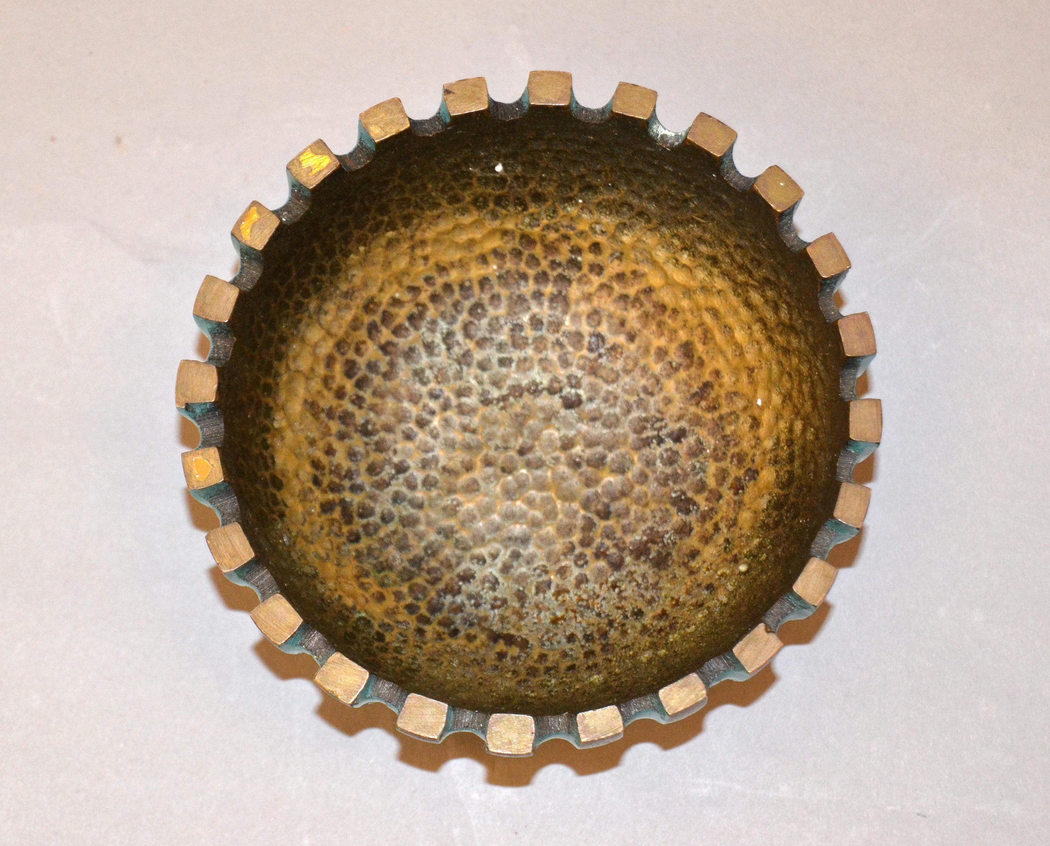 Israeli Pal-Bell Turquoise & Gold Bowl Hand Hammered Cast Bronze Maurice Ascalon Israel