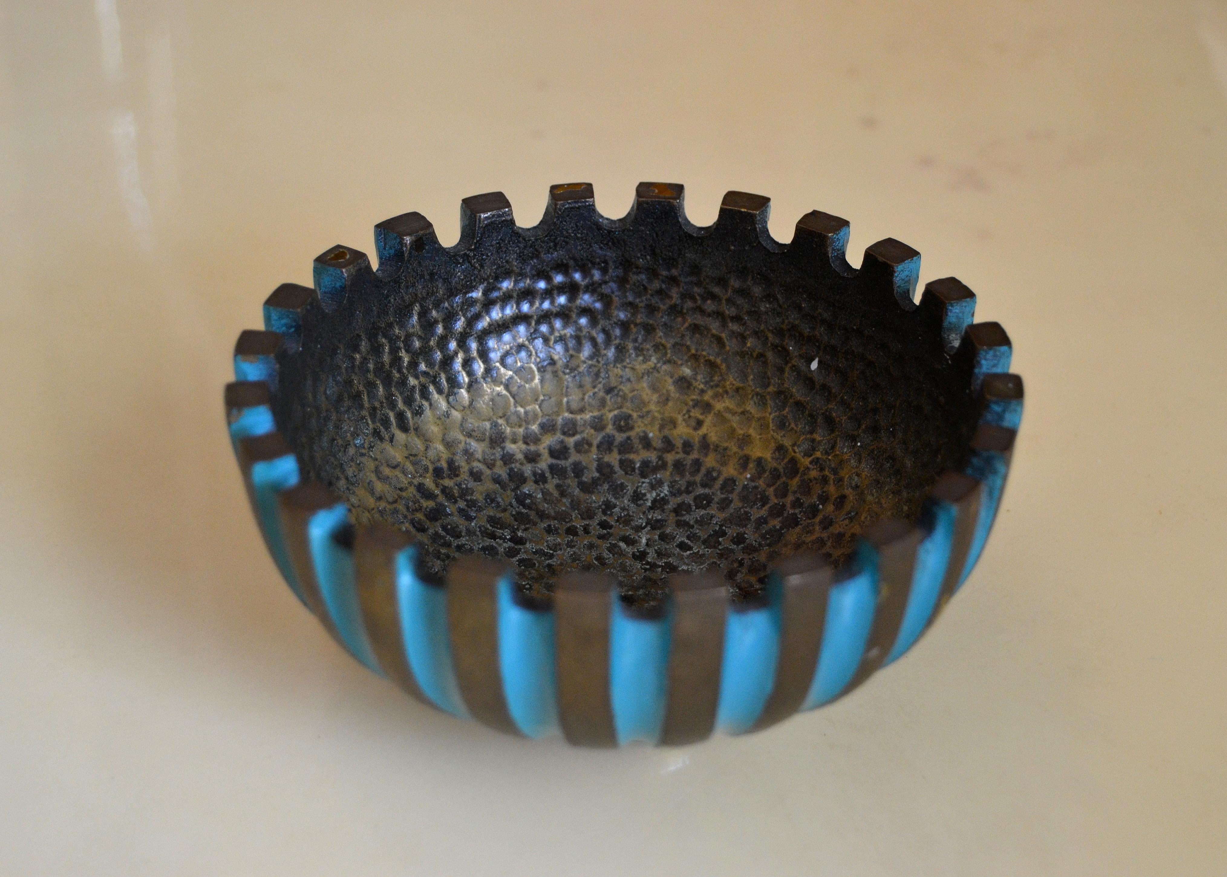 Pal-Bell Turquoise & Gold Bowl Hand Hammered Cast Bronze Maurice Ascalon Israel In Good Condition In Miami, FL