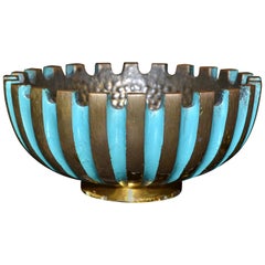 Pal-Bell Turquoise & Gold Bowl Hand Hammered Cast Bronze Maurice Ascalon Israel