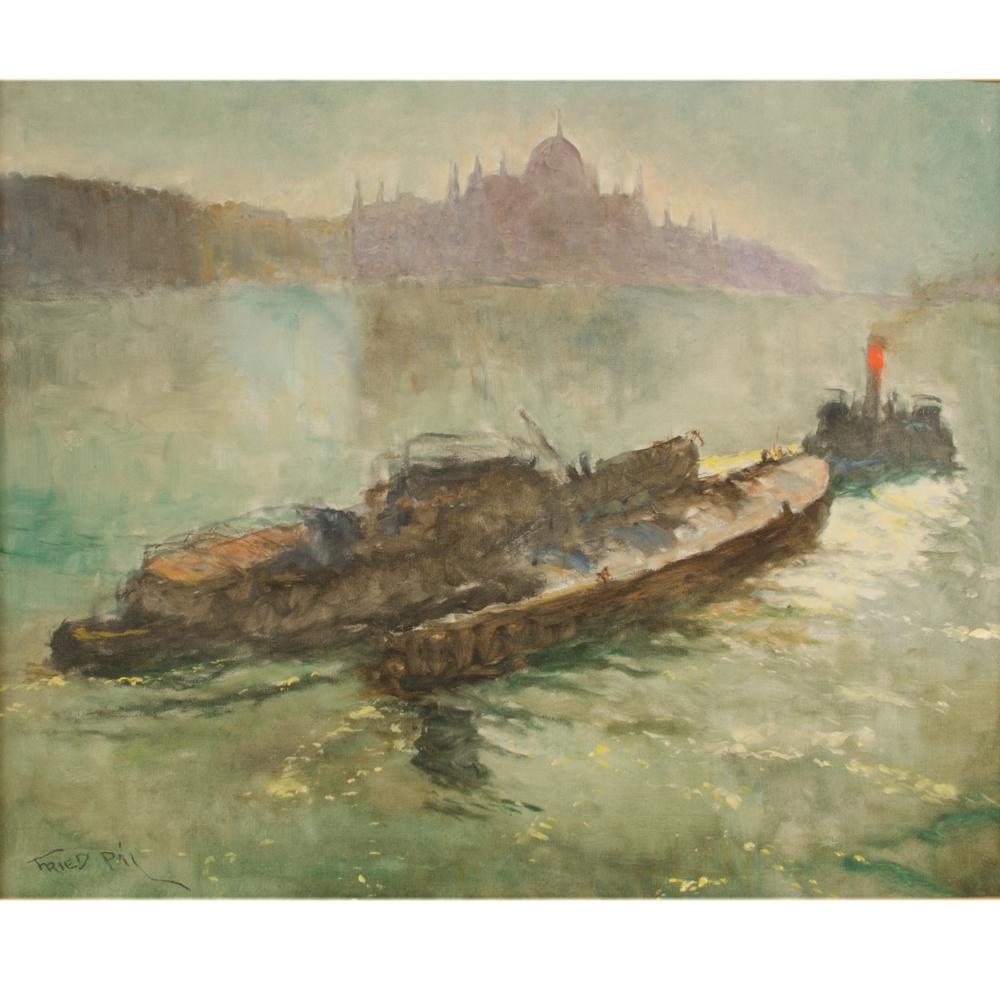 Des bateaux sont tirés par un remorqueur sur le canal
 - signé en en bas en gauche
 - Dimensions encadrées : 36.5 in x 30.5 in.