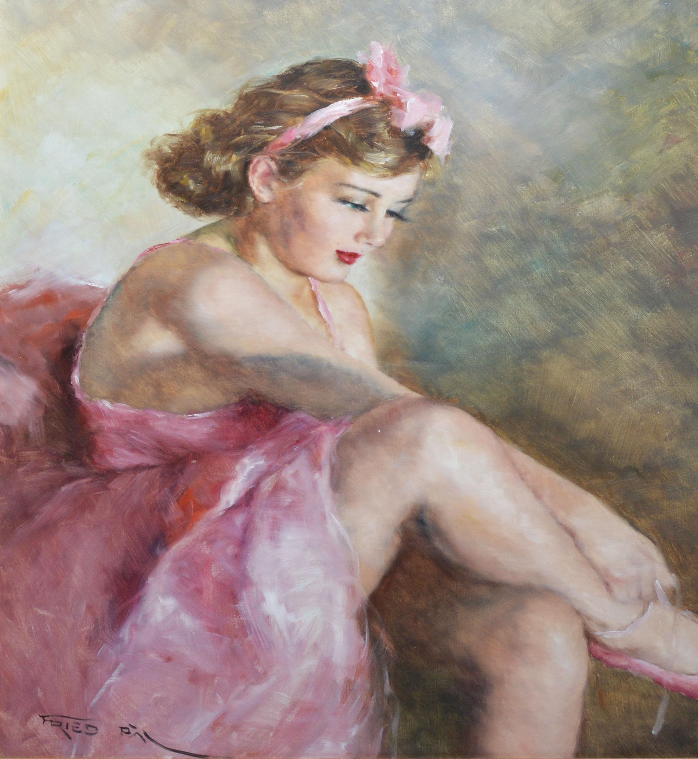 Antique impressionist ballerina dancer painting by Pal Fried  (1893 - 1976).  Oil on canvas, circa 1940.  Signed.  Displayed in a period giltwood frame.  Image, 31
