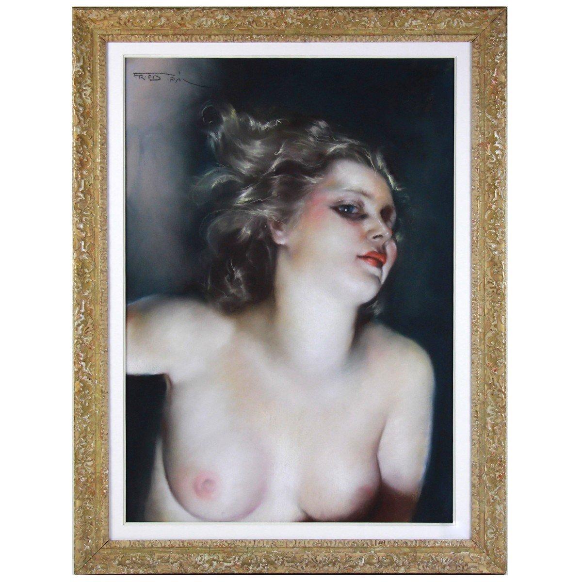 Pastel Bust Of A Naked Young Woman Signed by Fried Pal American artist - Painting by Pal Fried