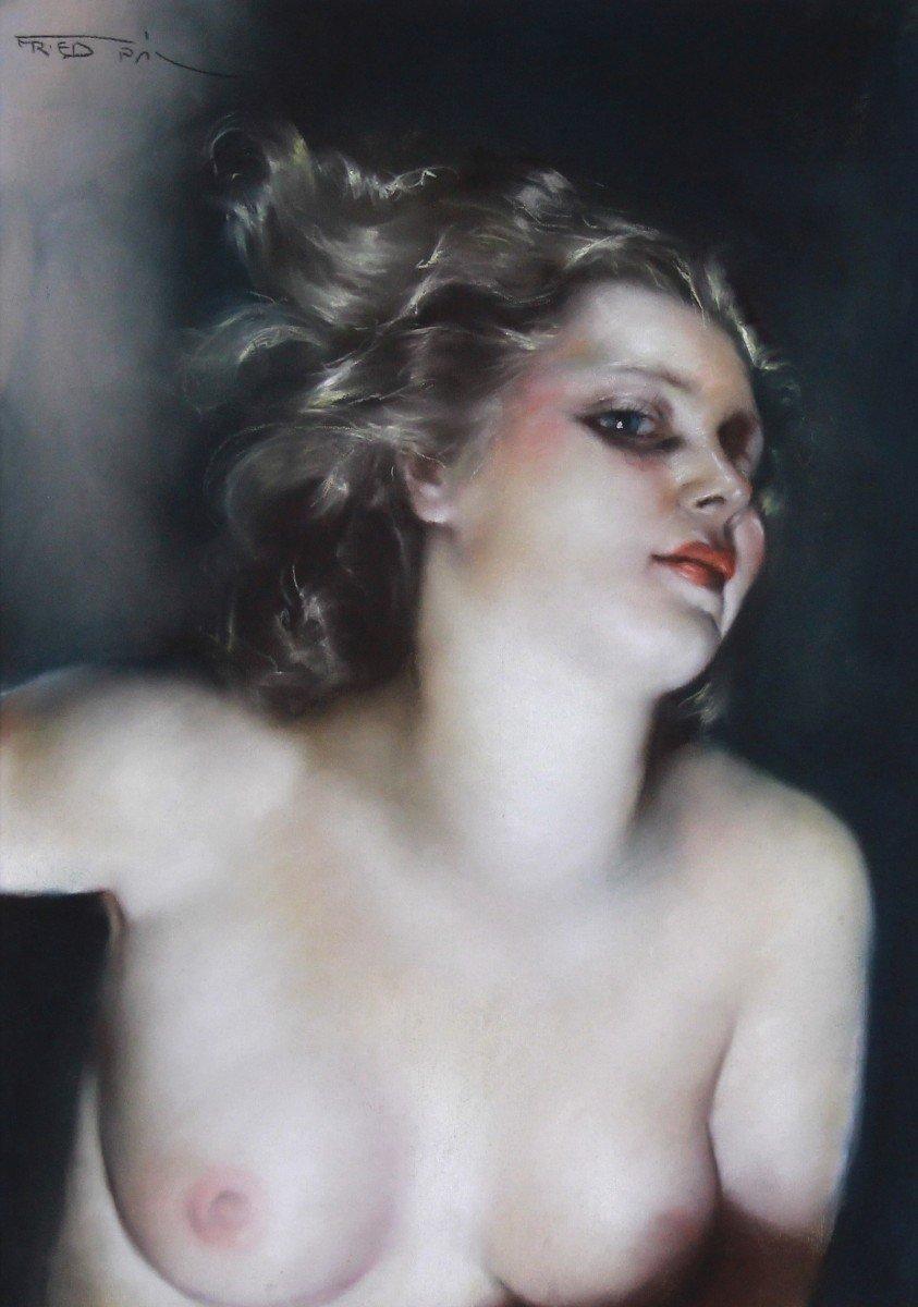 Buste au pastel d'une jeune femme nue signé par l'artiste américaine Fried Pal - Marron Nude Painting par Pal Fried