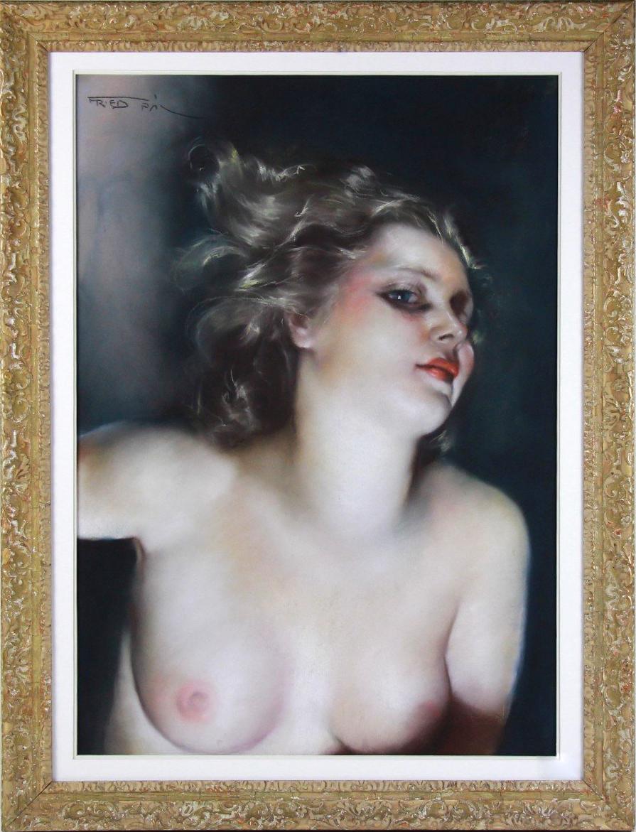 Pal Fried Nude Painting - Pastel Bust Of A Naked Young Woman Signed by Fried Pal American artist