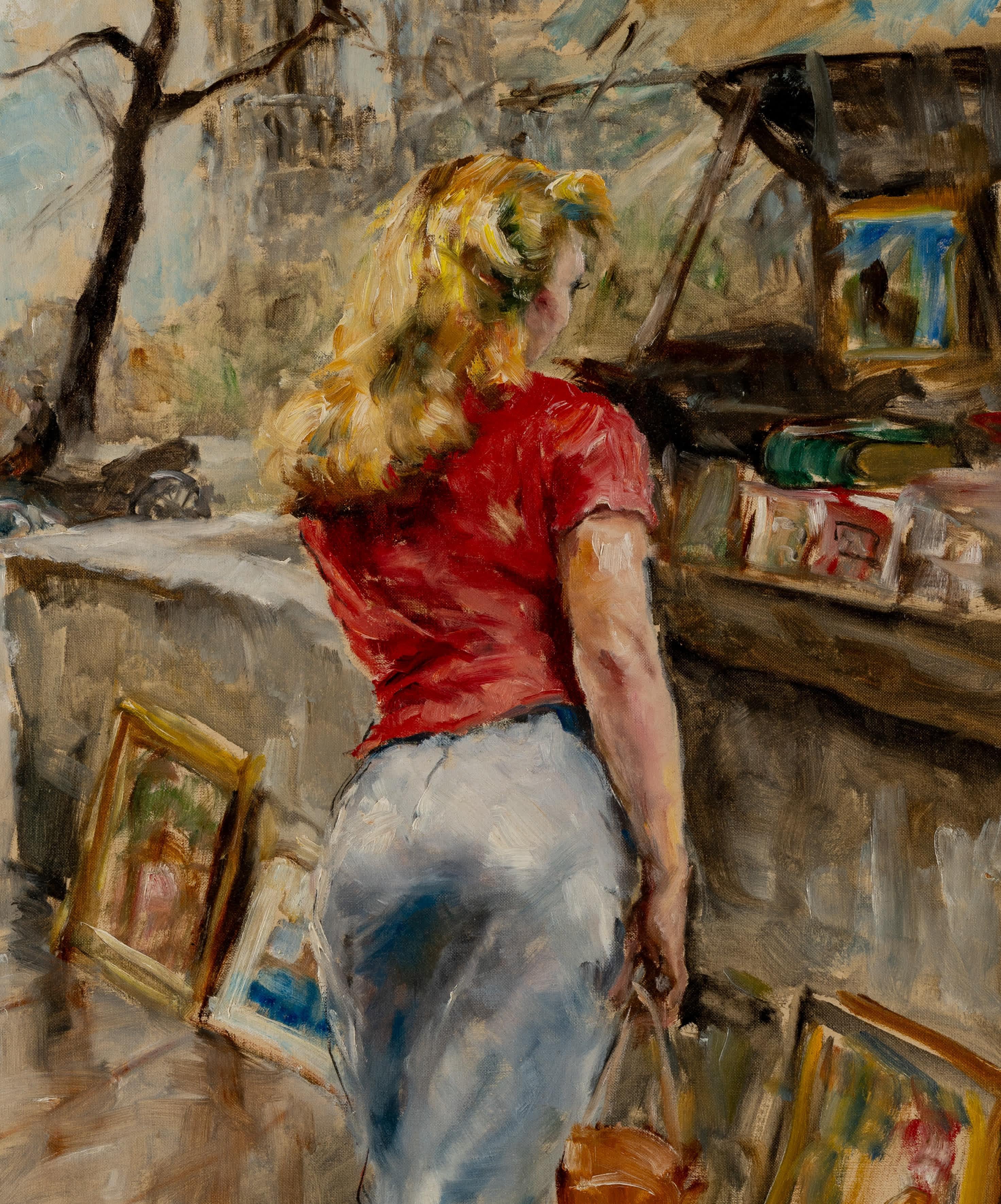 Pal Fried
Hungarian-American, 1893-1976
Woman Browsing

Oil on board
23 ¾ by 29 ¾, w/ frame 34 ½ by 40 ½ in
Signed lower left

Pal was born in Budapest and studied at the Hungarian Academie under Professor Hugo Pohl and in Paris under Claude Monet
