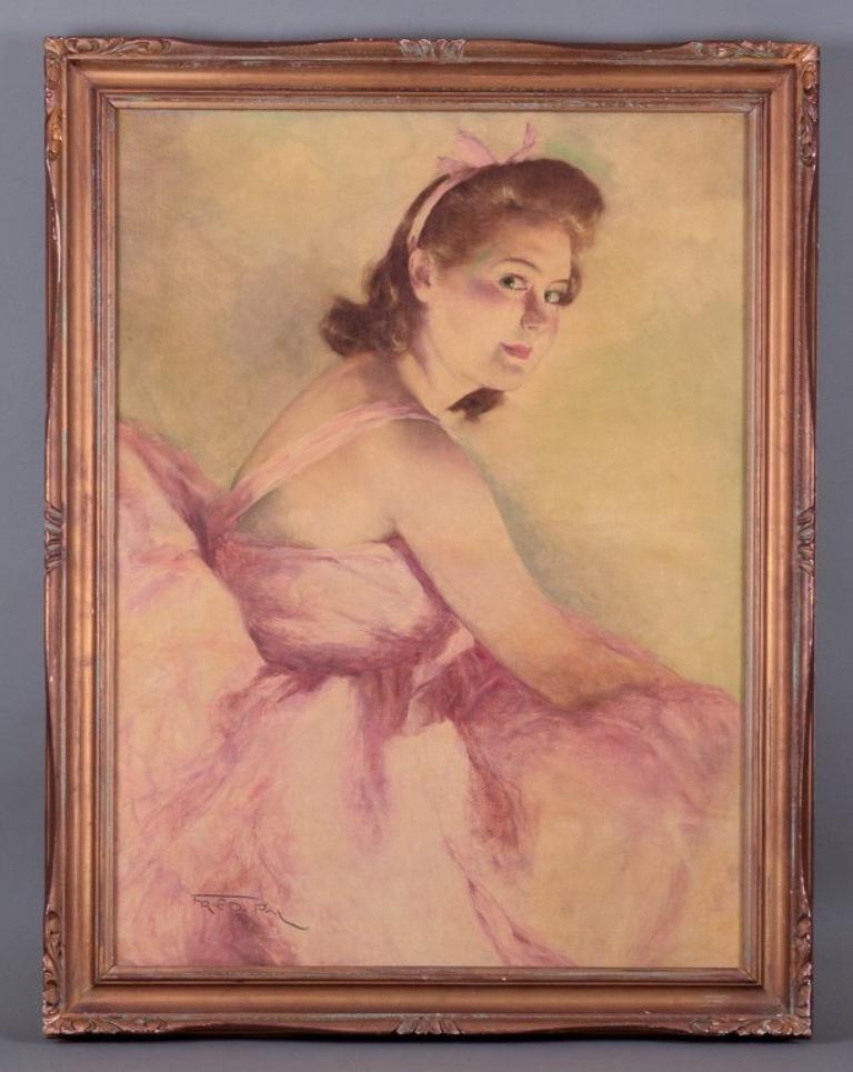 Pál Fried (1893-1976), a well listed Hungarian artist.
Oil on canvas.
Portrait of a ballerina in a pink dress.
Ca. 1940.
Signed and stamped with gallery stamp on the back.
Perfect condition.
Dimensions: H 78.0 cm x W 57.0 cm.
Total dimensions: H