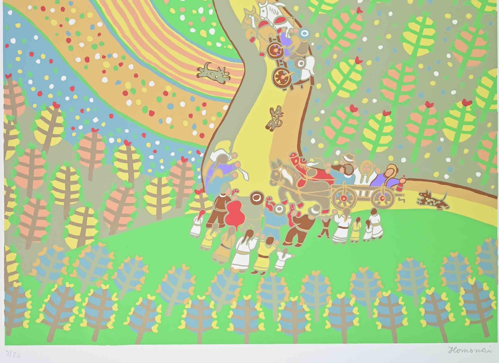 Procession dans la campagne - Sérigraphie de Pal Homonai - 1970