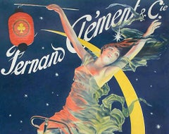 CLÉMENT CYCLES Lithograph, Woman on Bicycle, Moon, French Advertising Art 52"