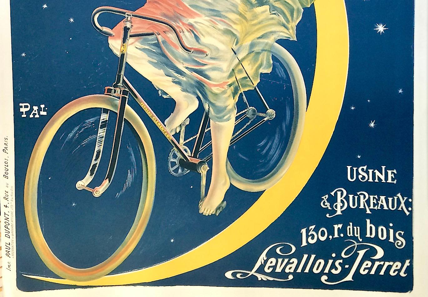 CLÉMENT CYCLES Litografia, donna in bicicletta, luna, arte pubblicitaria francese 52